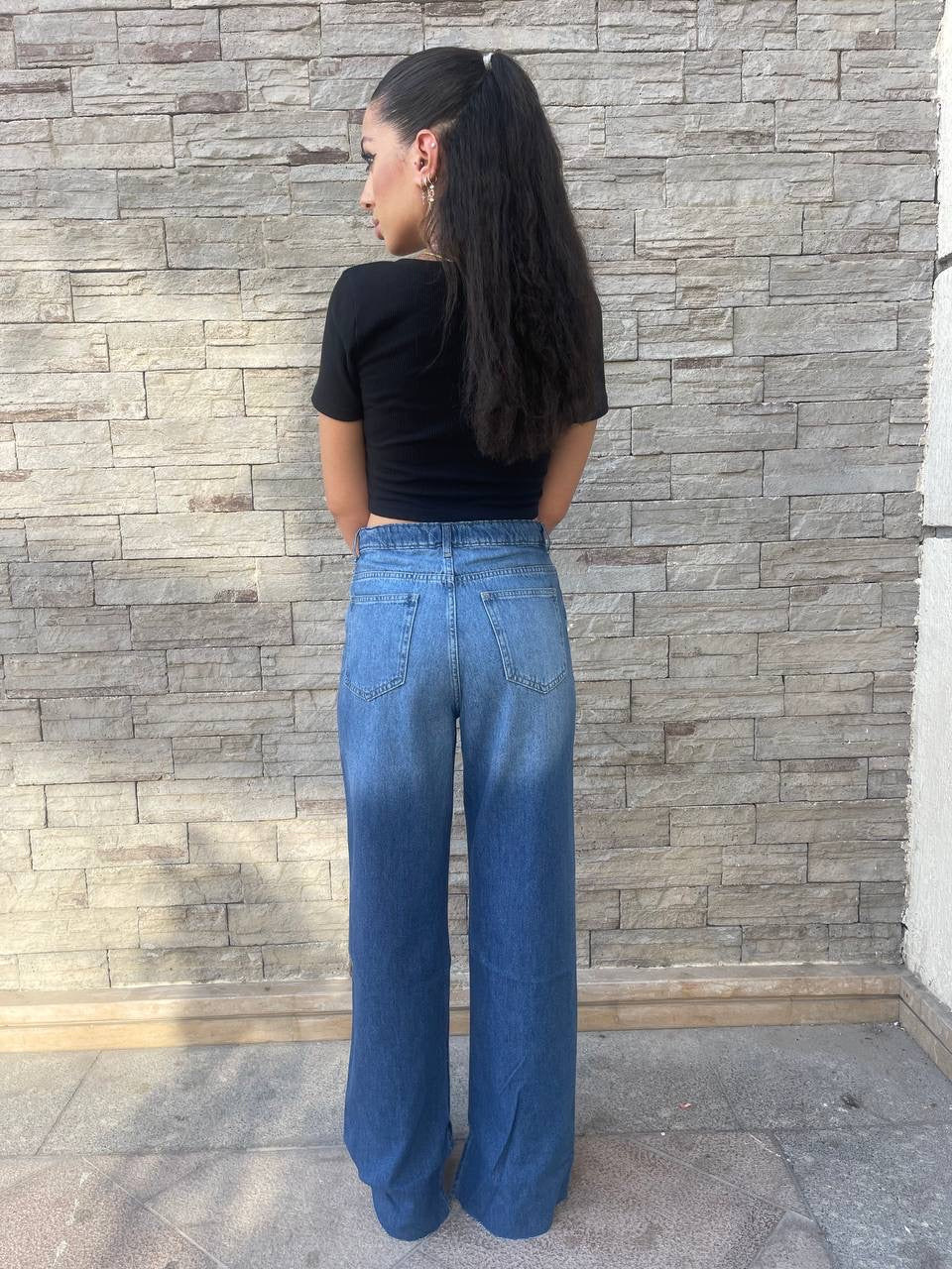 High-Waist Medium Wash Split Side Straight Leg Jeans