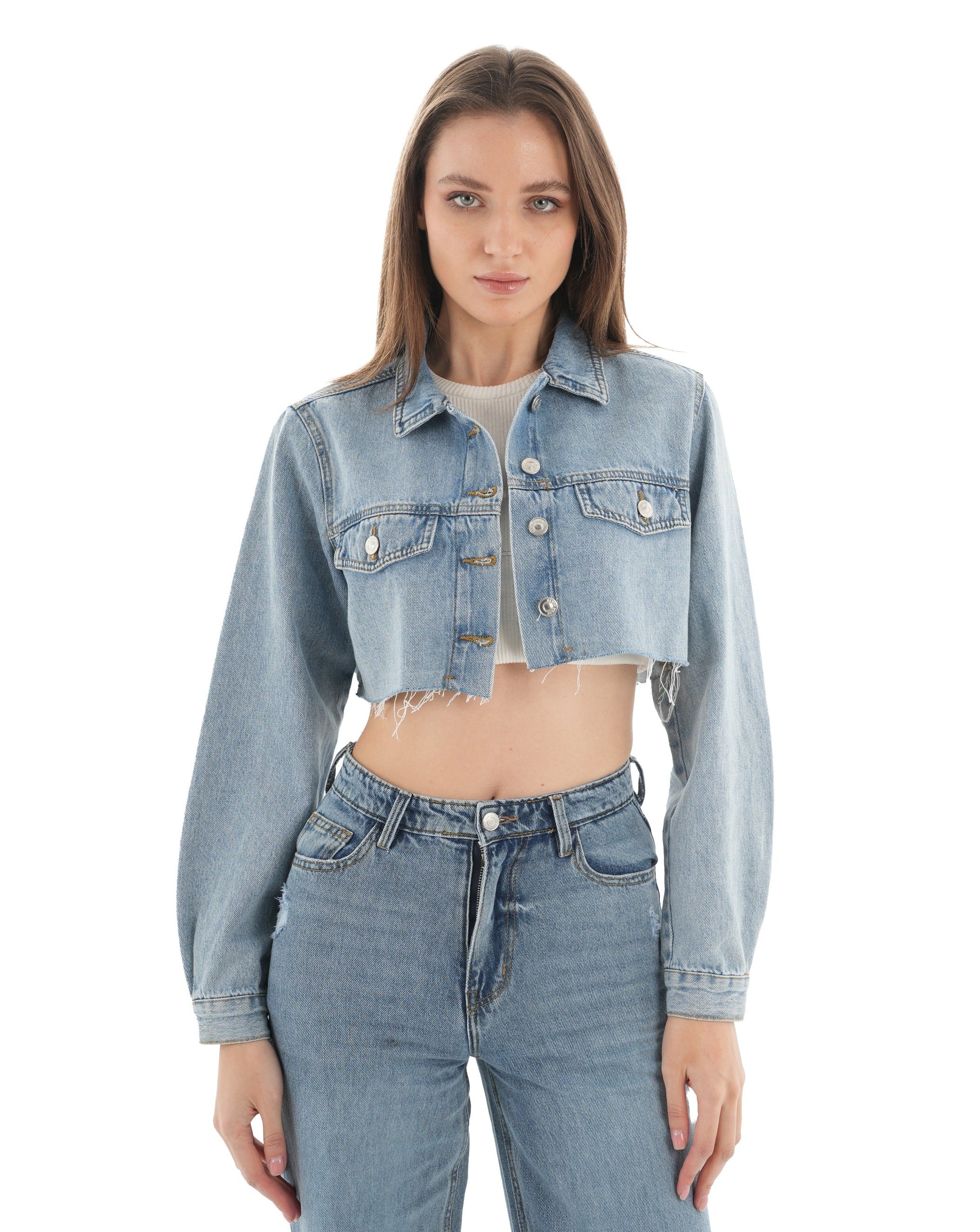 Cropped Medium Wash Denim Jacket - Lioroucci