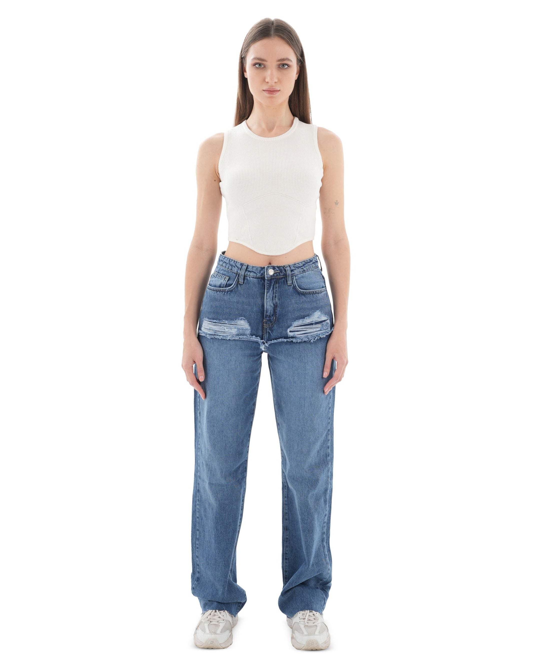 High-Waist Medium Wash Ripped Straight Leg Jeans - Lioroucci