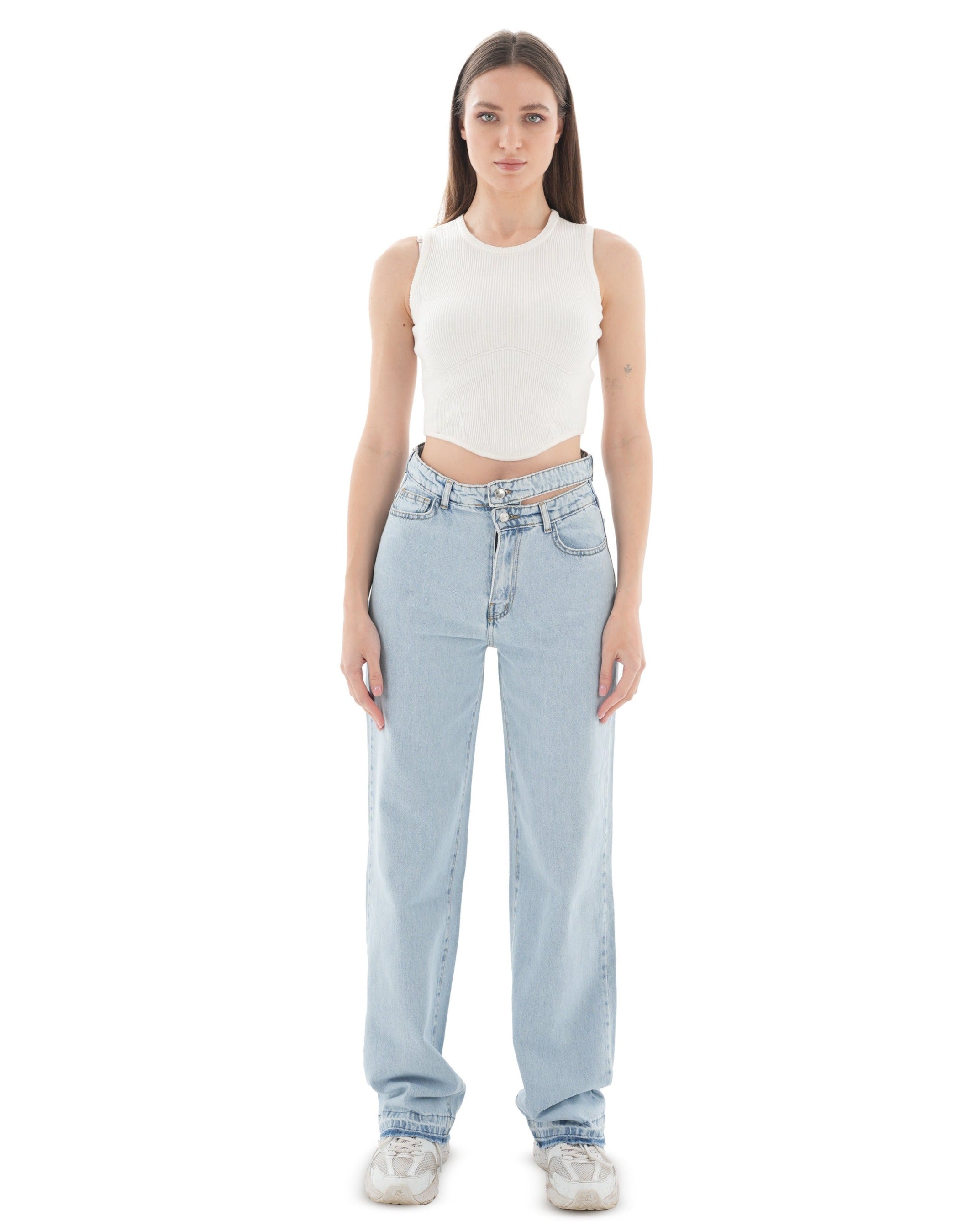 Double-Waist Light Wash Straight Leg Jeans - Lioroucci