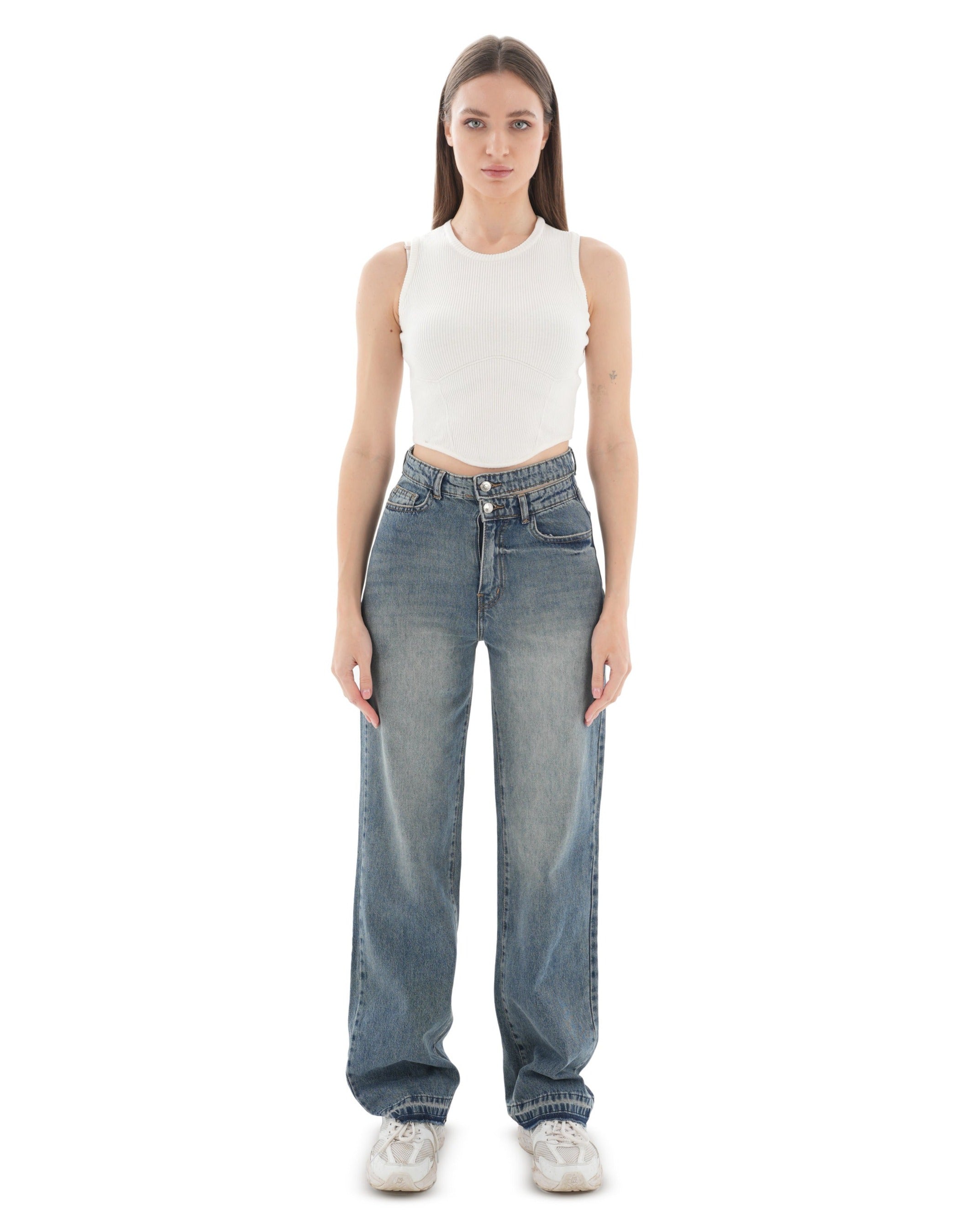 Double-Waist Dark Wash Straight Leg Jeans - Lioroucci