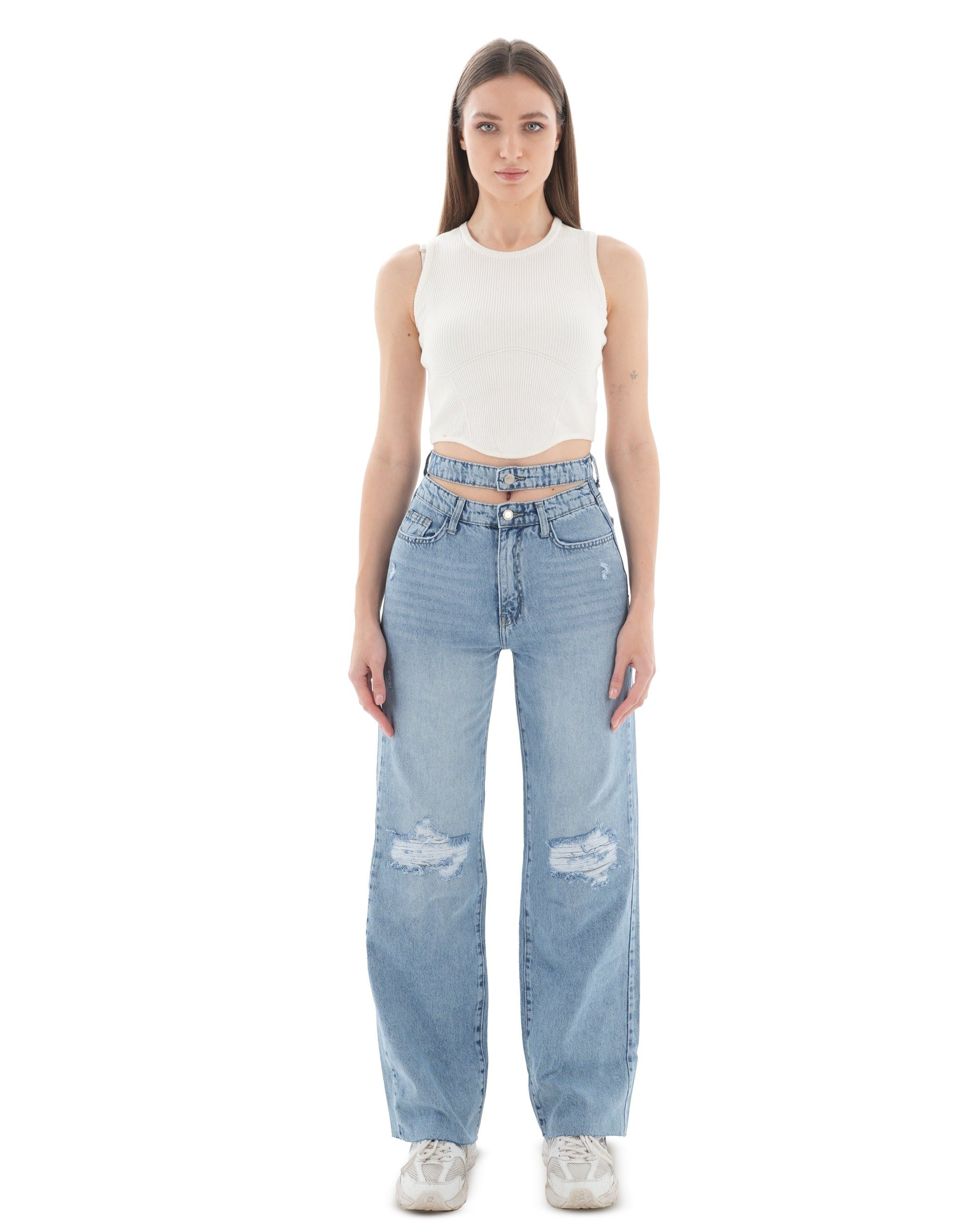 Double-Waist Light Wash Ripped Straight Leg Jeans - Lioroucci