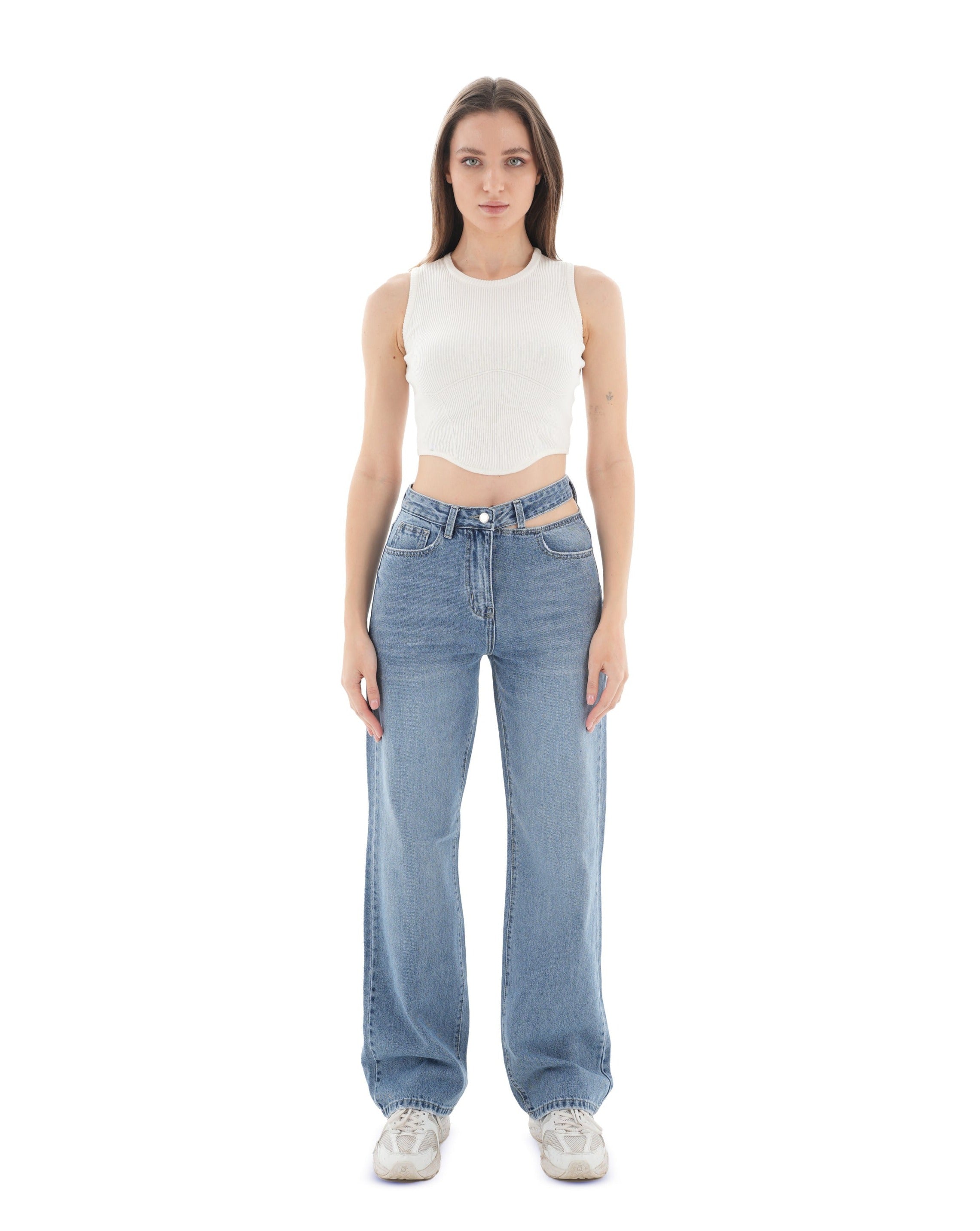 Double-Waist Medium Wash Straight Leg Jeans - Lioroucci