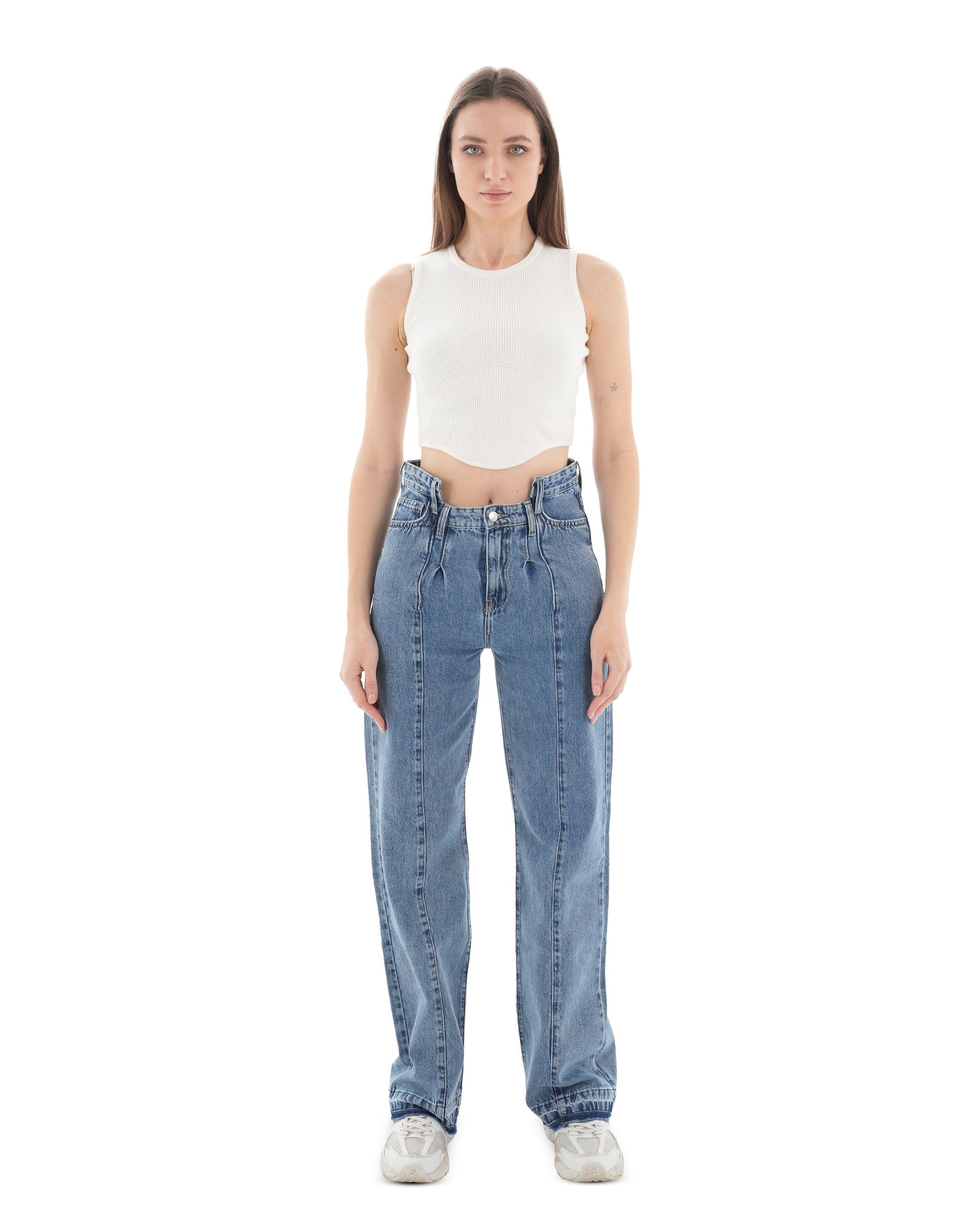 High-Waist Medium Wash Straight Leg Jeans - Lioroucci