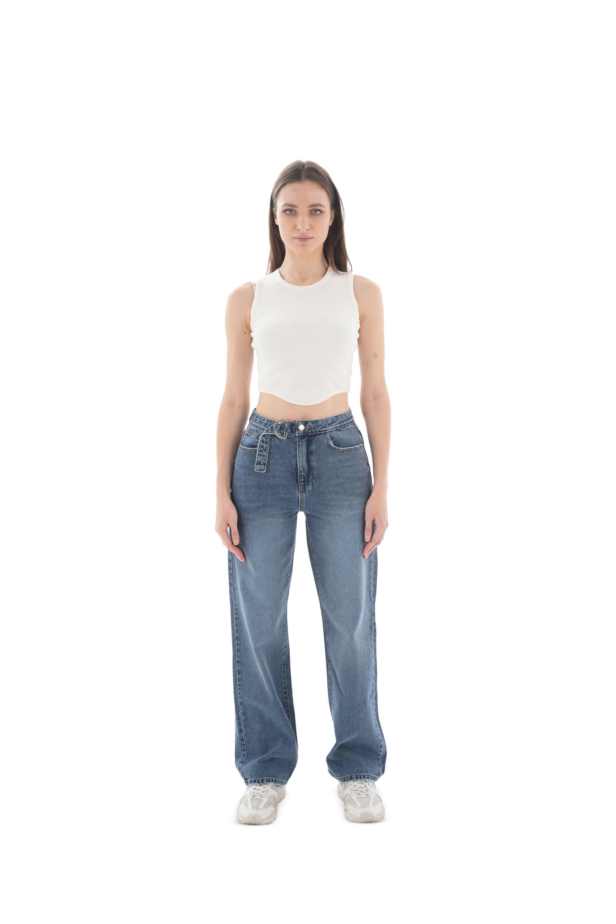 High-Waist Medium Wash Straight Leg Jeans - Lioroucci