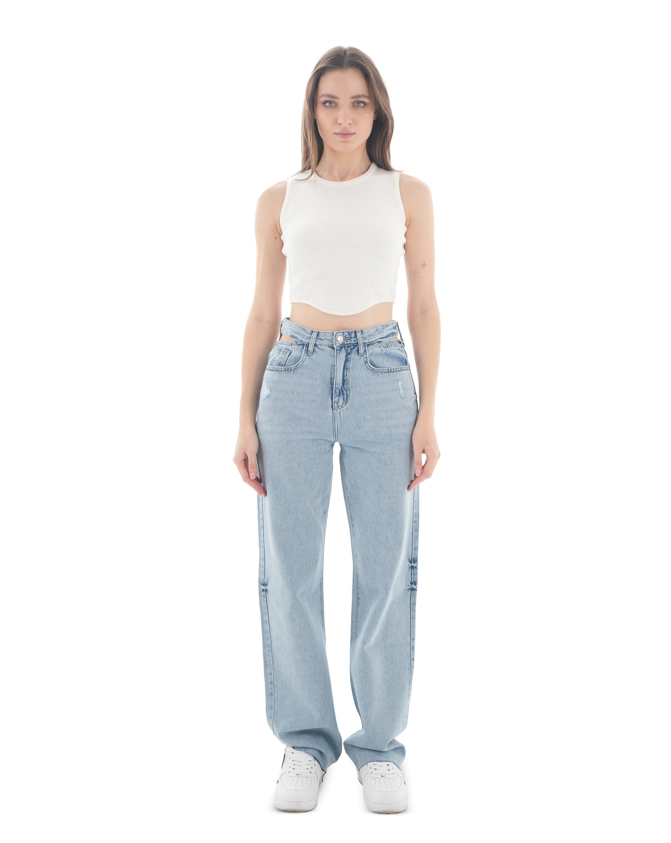 Double-Waist Light Wash Straight Leg Jeans - Lioroucci