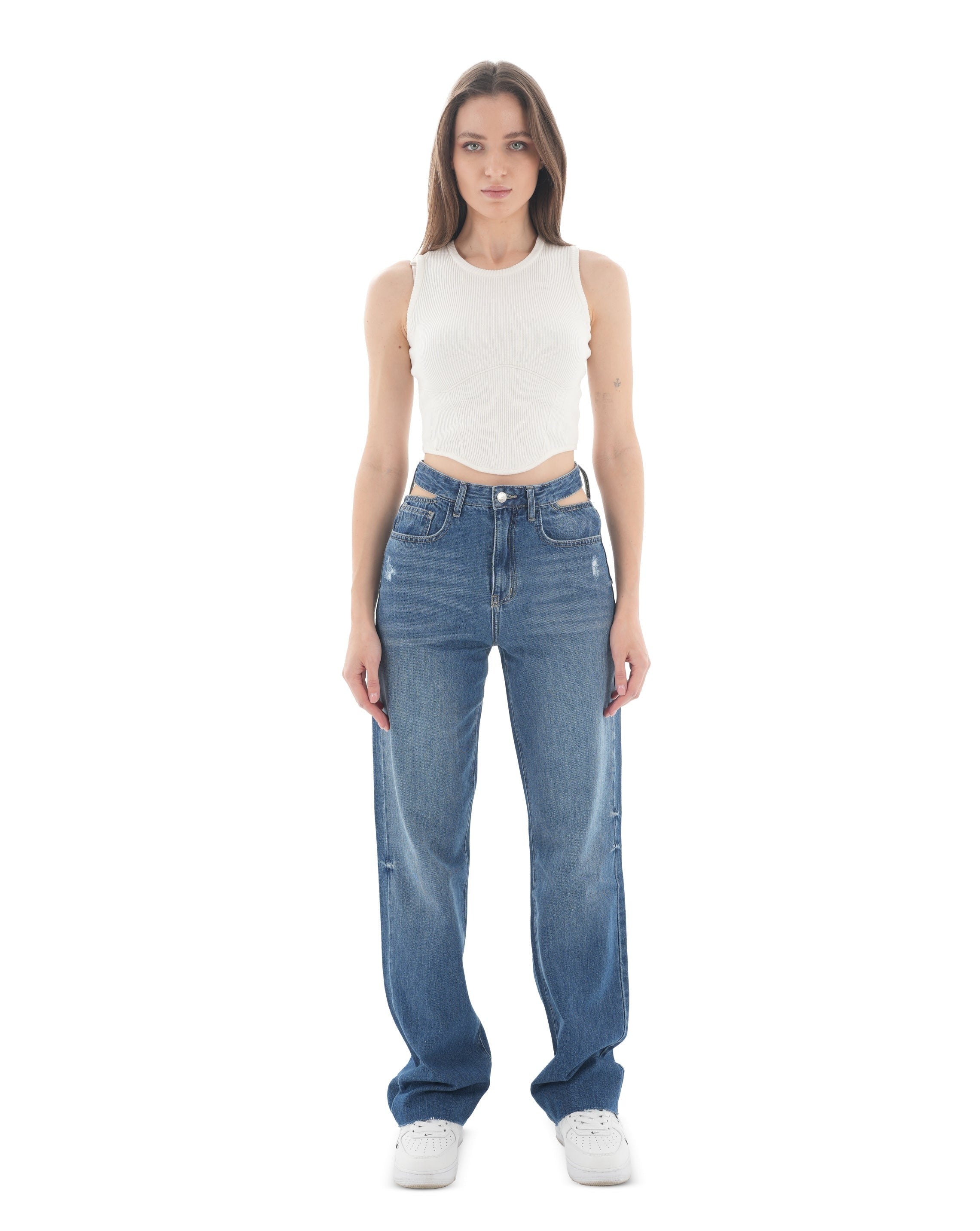 Double-Waist Dark Wash Straight Leg Jeans