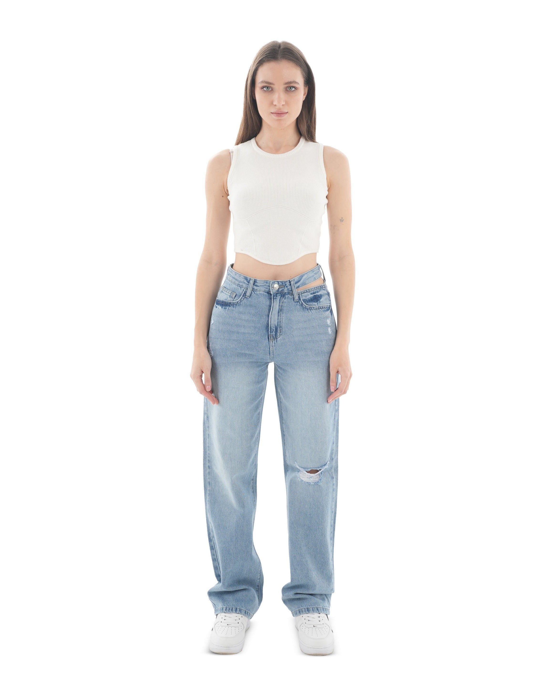 Double-Waist LIght Wash Ripped Straight Leg Jeans - Lioroucci