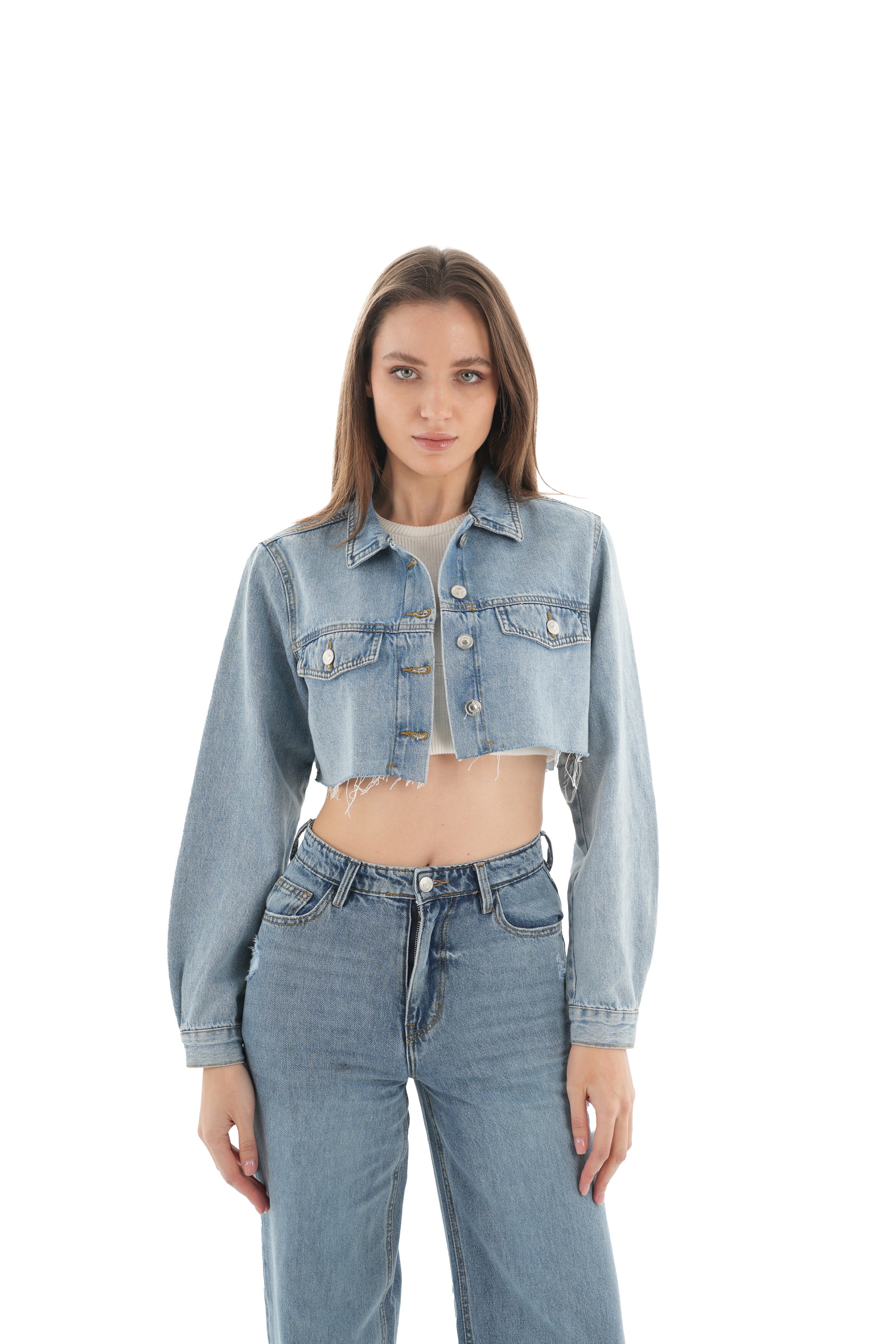 Cropped Medium Wash Denim Jacket - Lioroucci