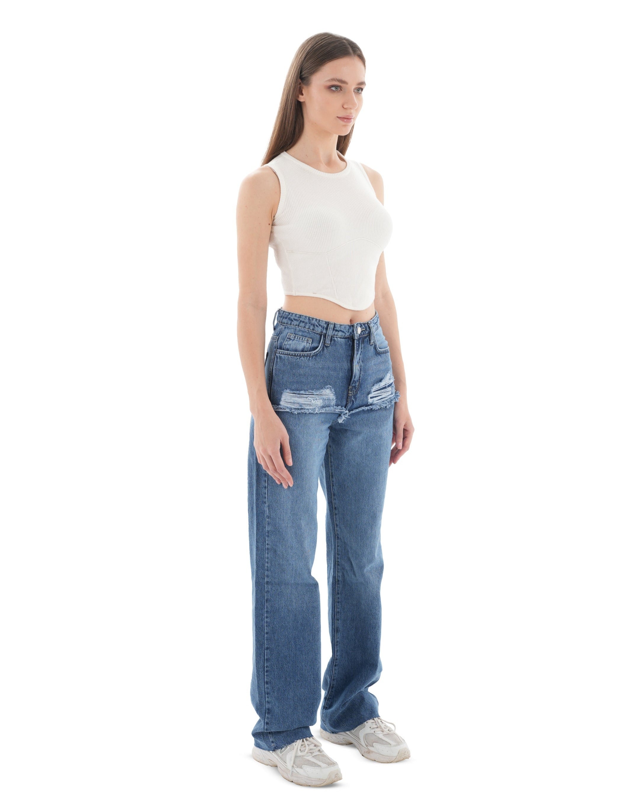 High-Waist Medium Wash Ripped Straight Leg Jeans - Lioroucci