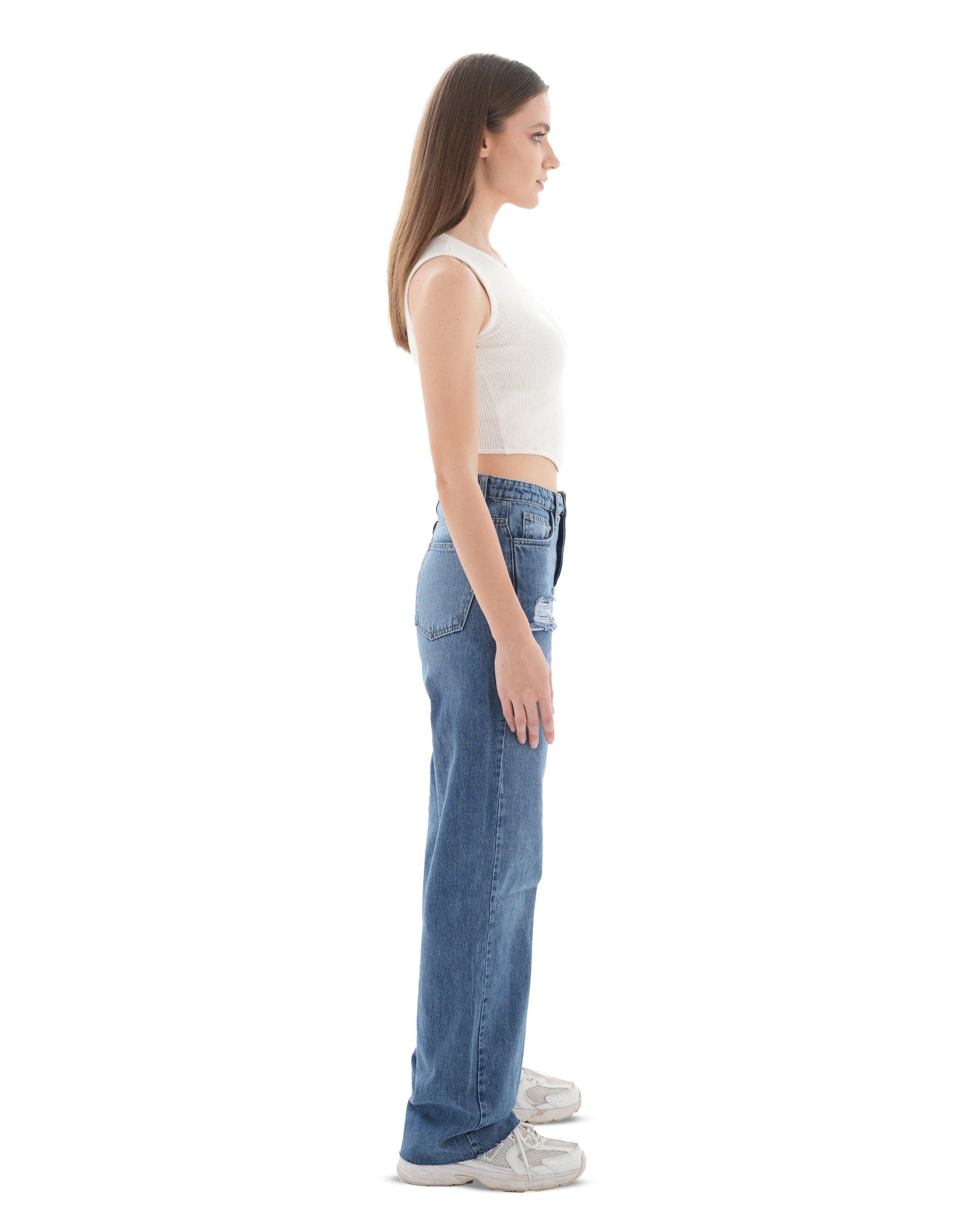 High-Waist Medium Wash Ripped Straight Leg Jeans - Lioroucci