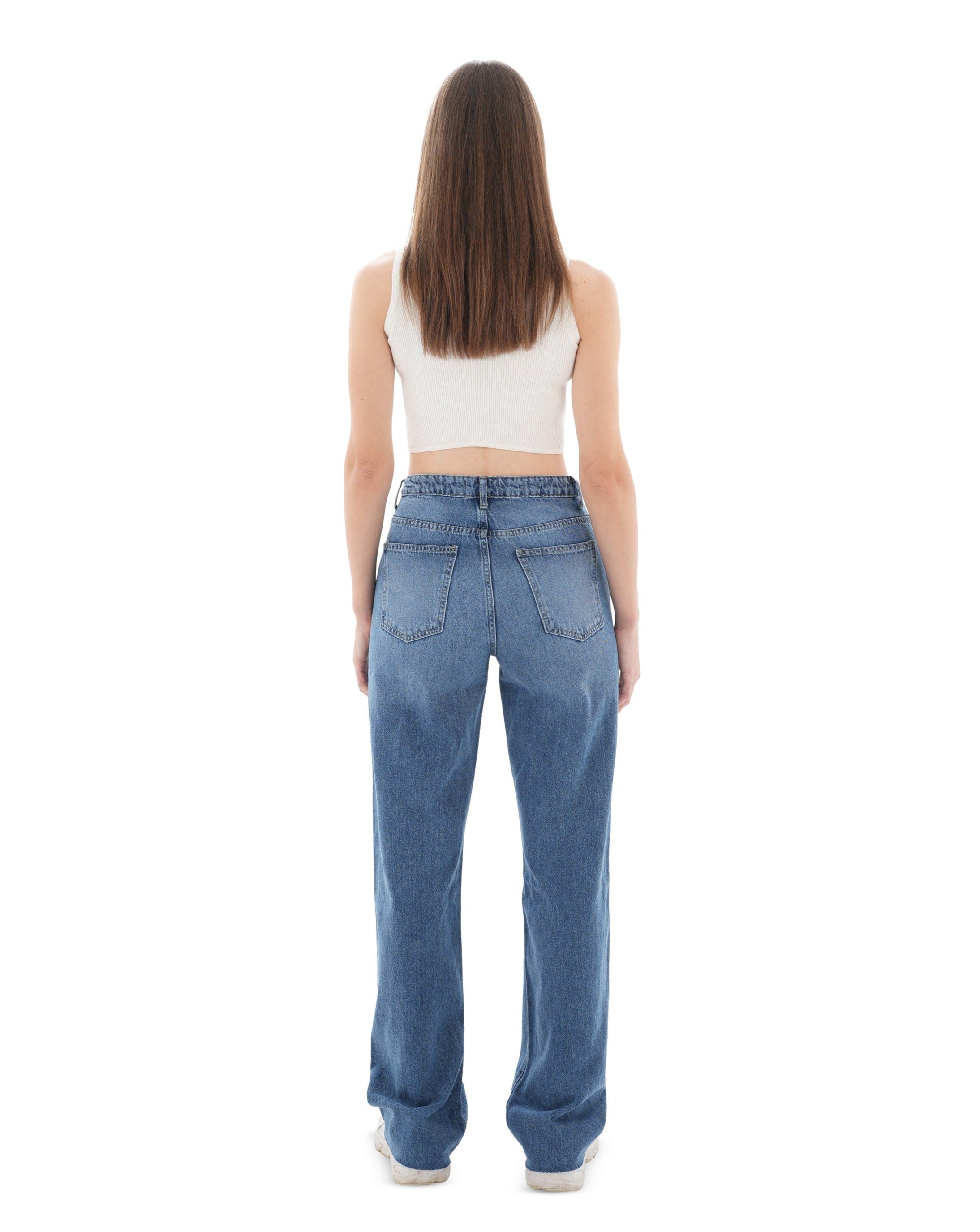 High-Waist Medium Wash Ripped Straight Leg Jeans - Lioroucci