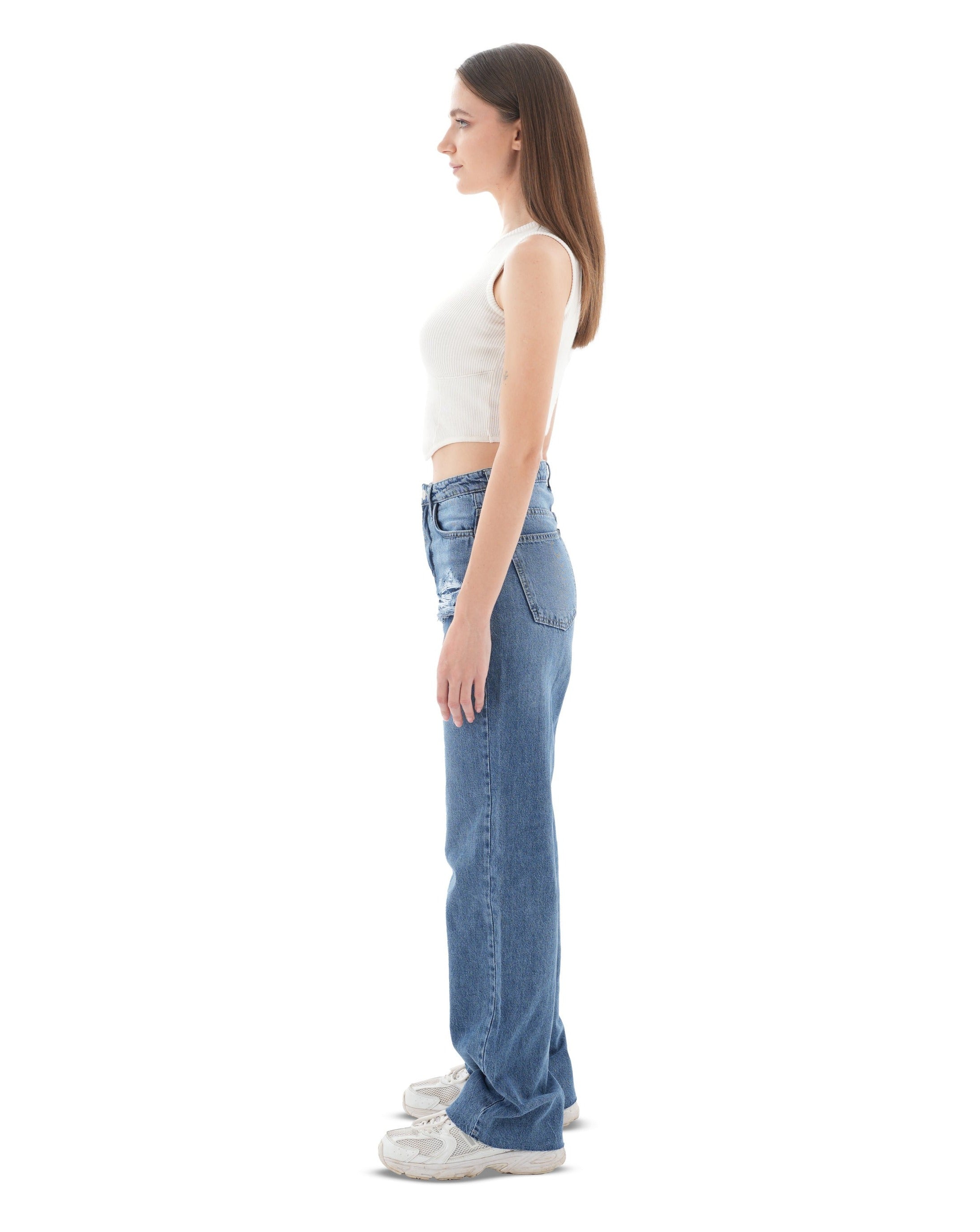 High-Waist Medium Wash Ripped Straight Leg Jeans - Lioroucci