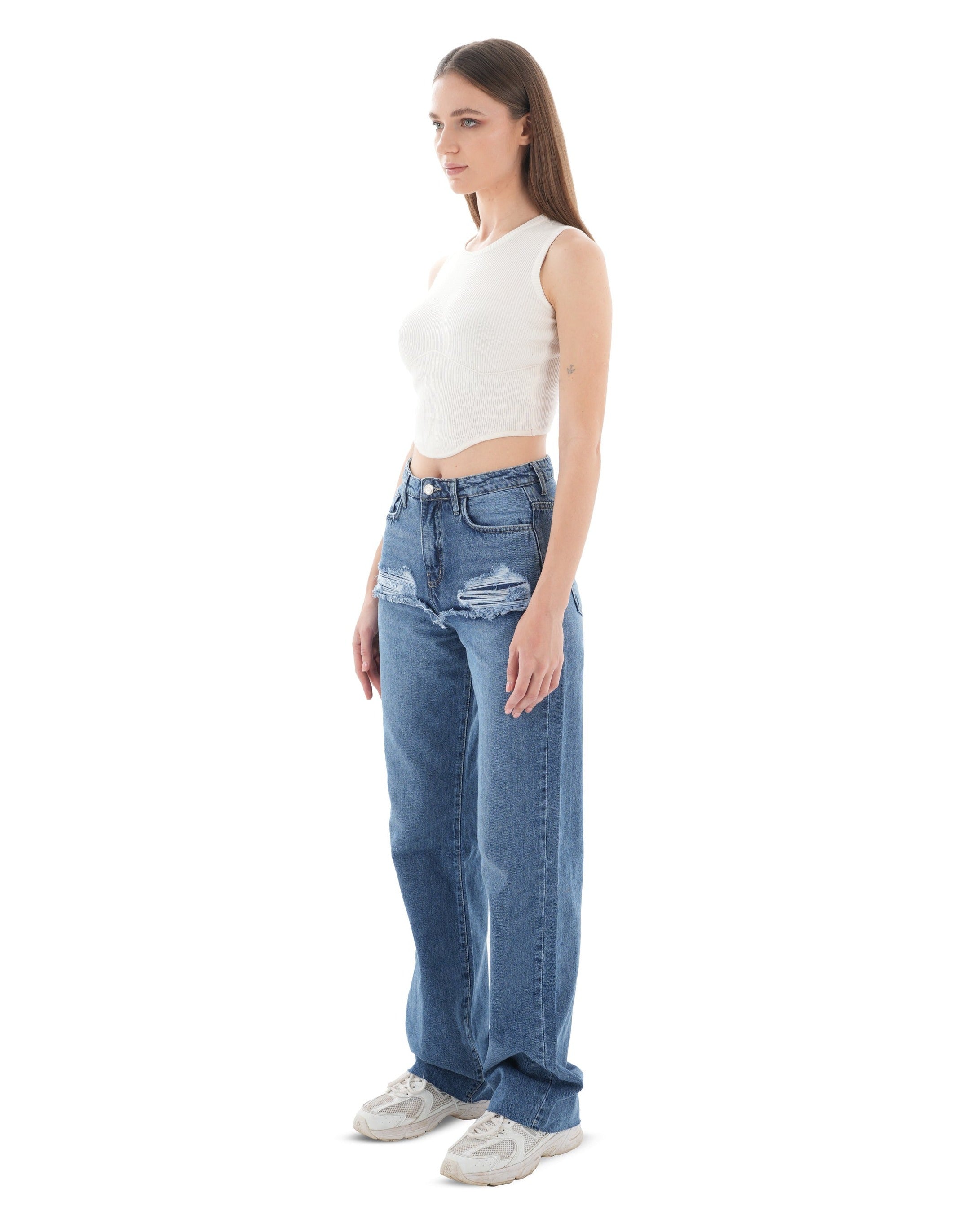 High-Waist Medium Wash Ripped Straight Leg Jeans - Lioroucci