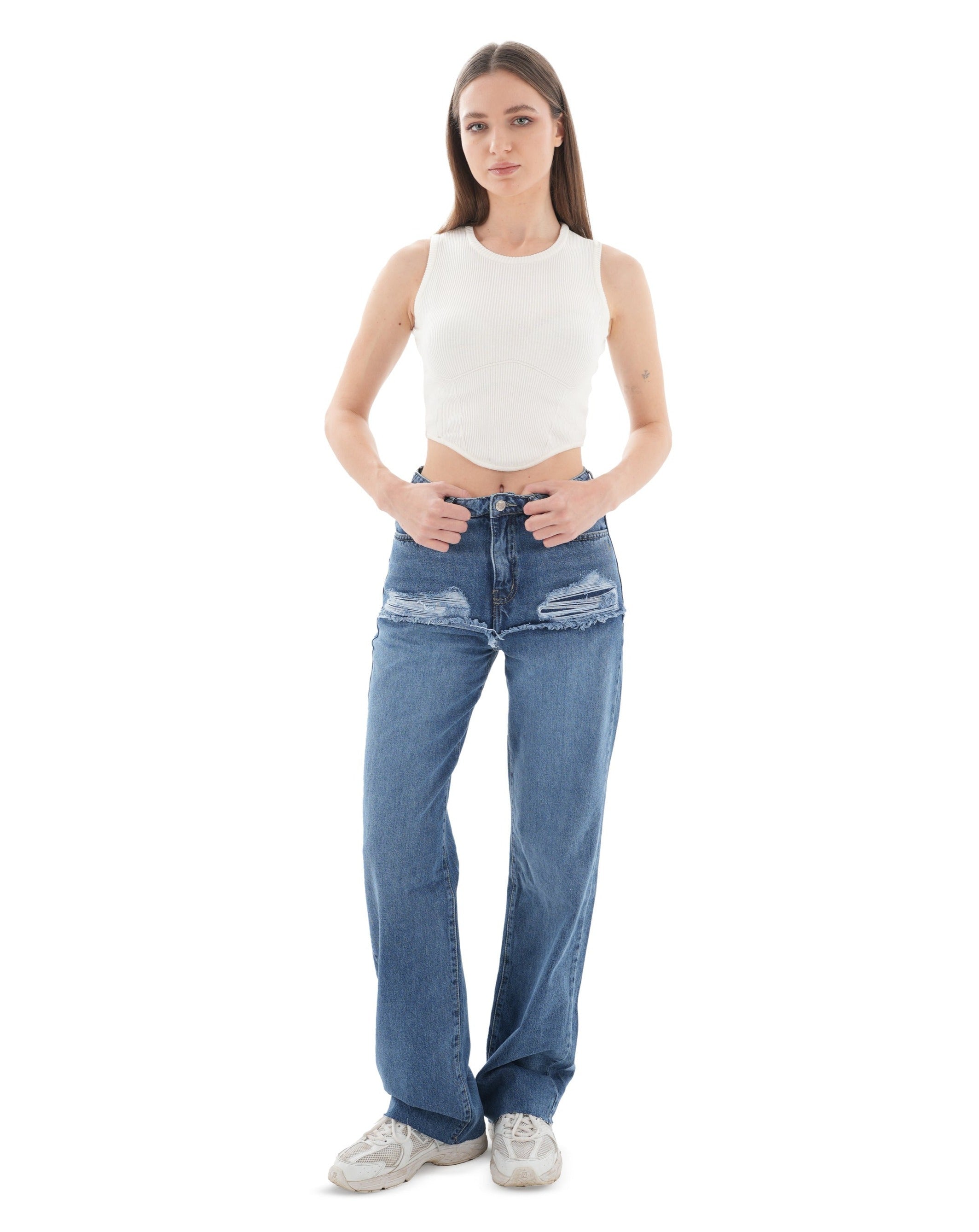 High-Waist Medium Wash Ripped Straight Leg Jeans - Lioroucci