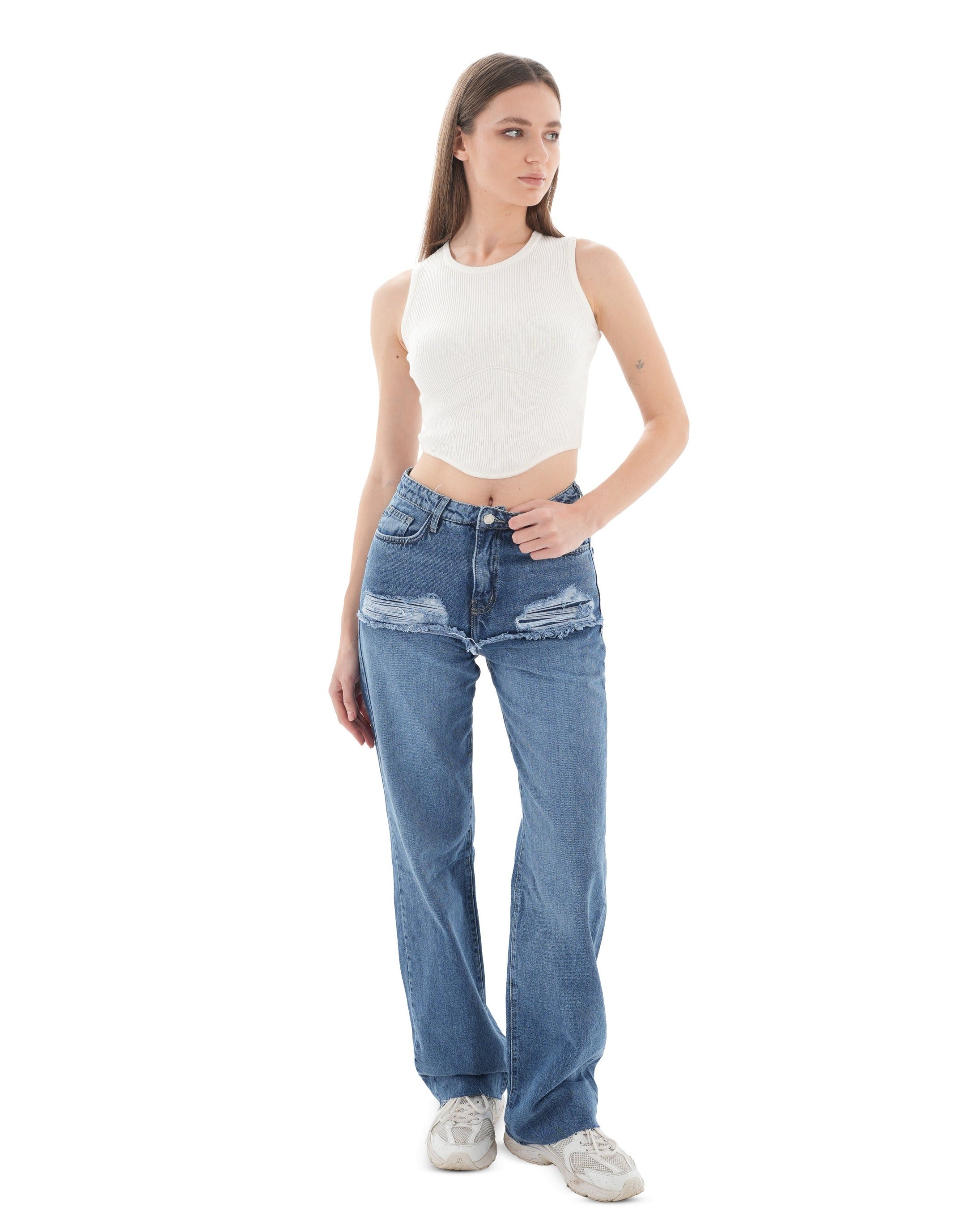 High-Waist Medium Wash Ripped Straight Leg Jeans - Lioroucci