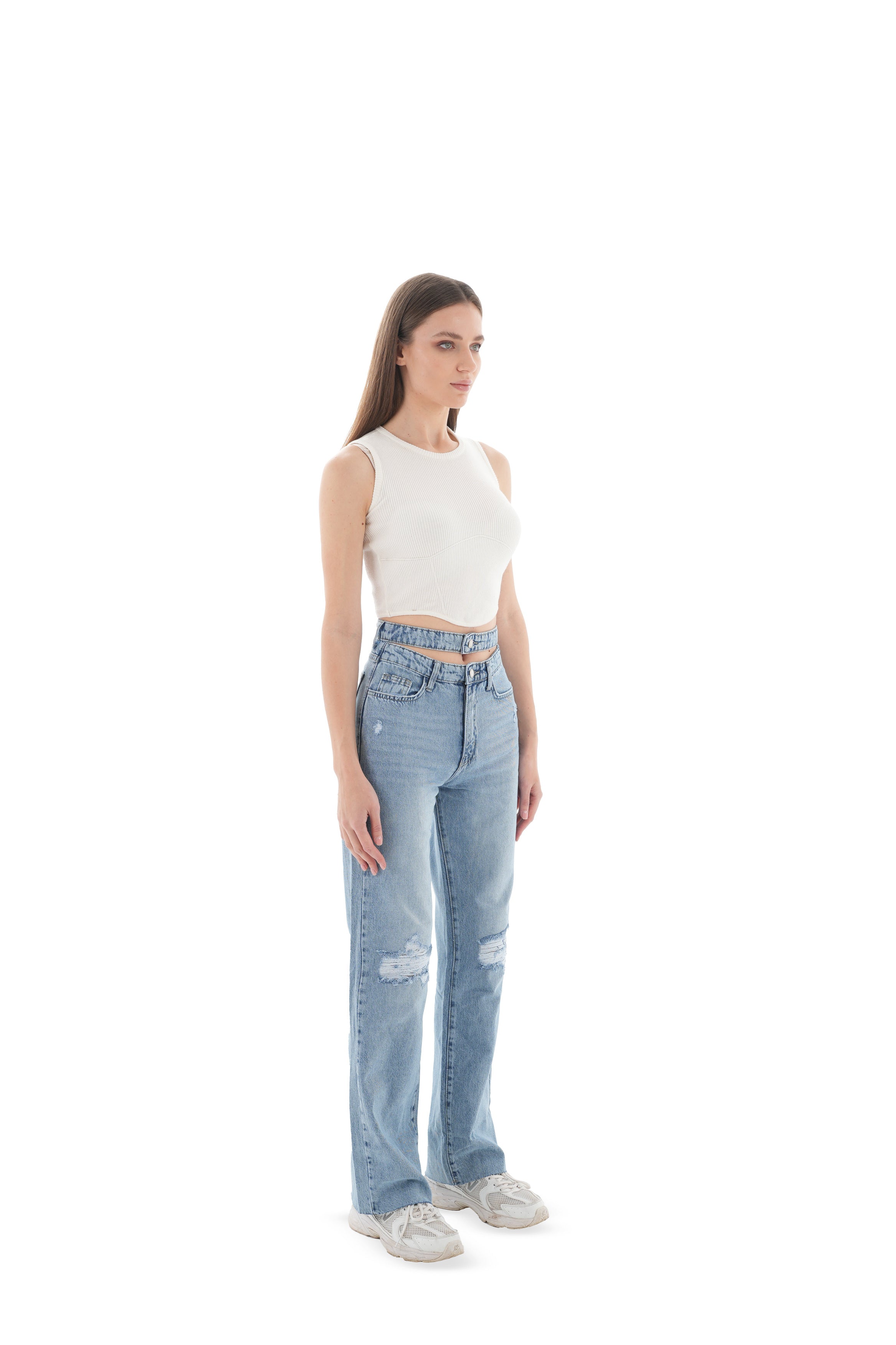 Double-Waist Light Wash Ripped Straight Leg Jeans - Lioroucci