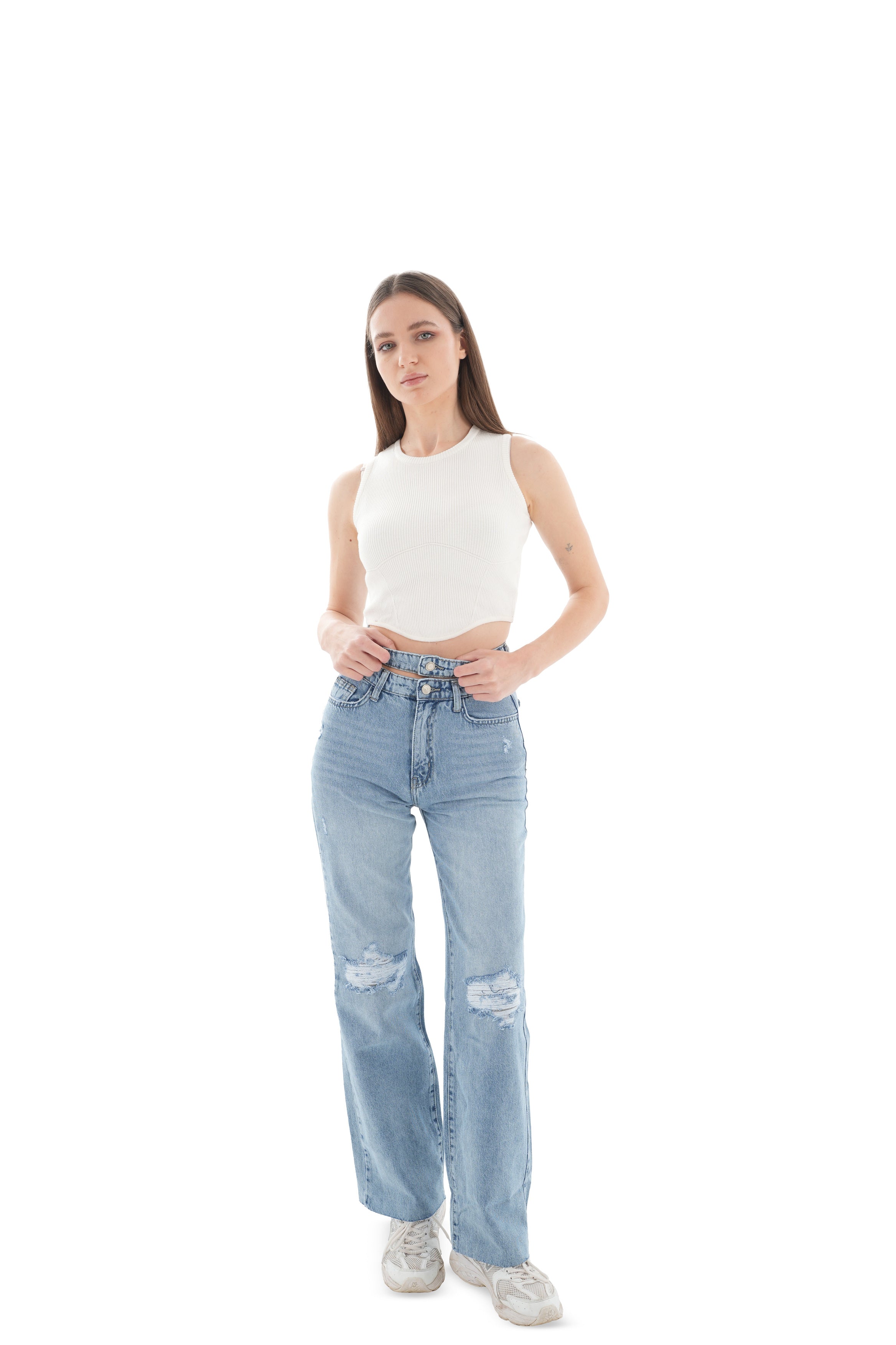 Double-Waist Light Wash Ripped Straight Leg Jeans - Lioroucci