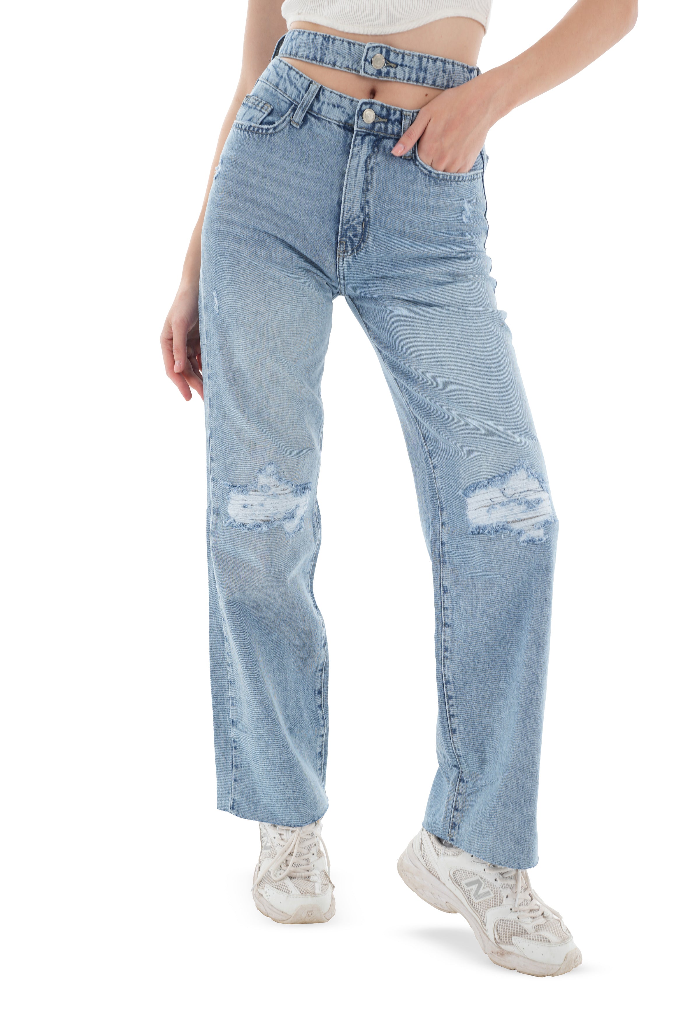 Double-Waist Light Wash Ripped Straight Leg Jeans - Lioroucci