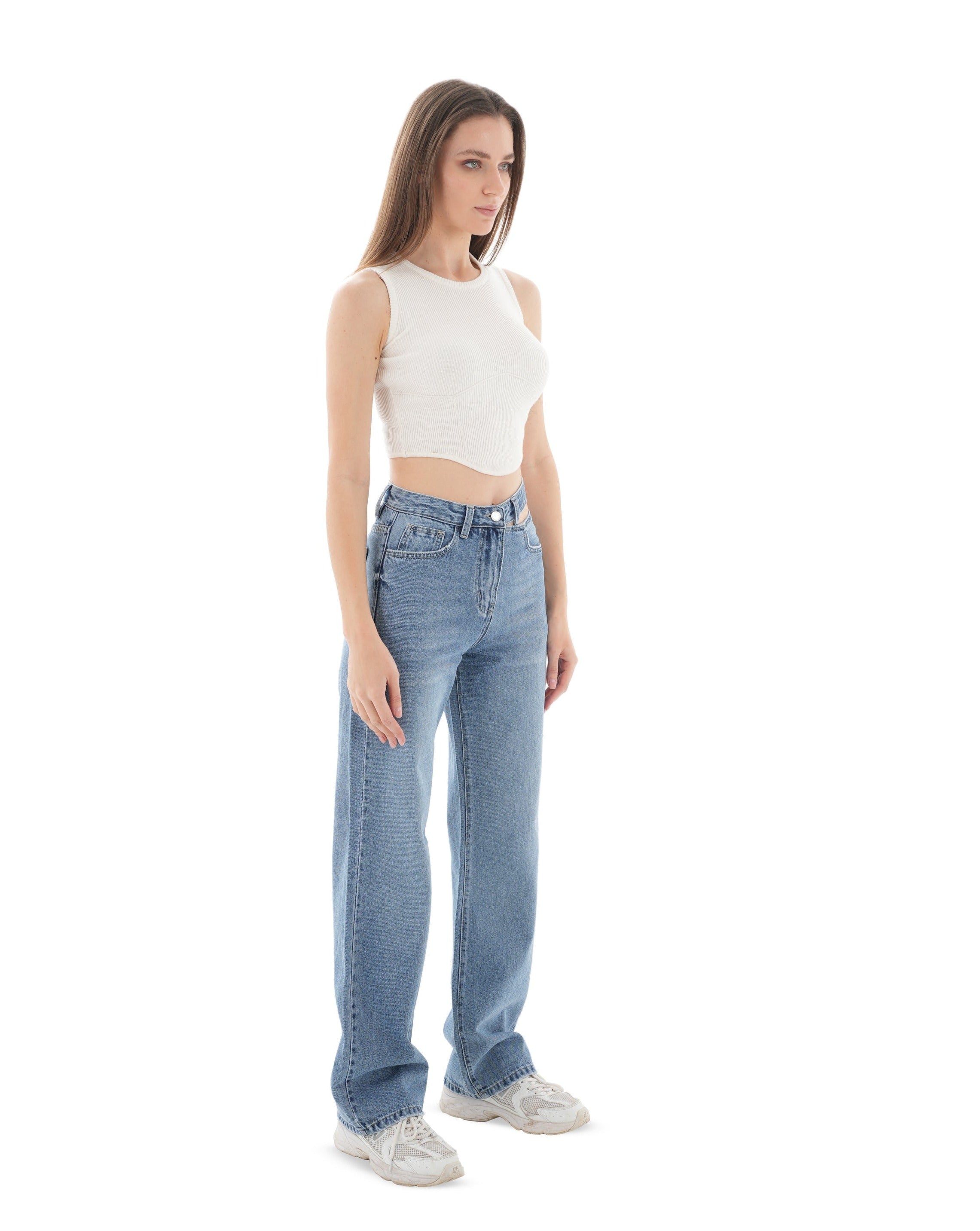 Double-Waist Medium Wash Straight Leg Jeans - Lioroucci