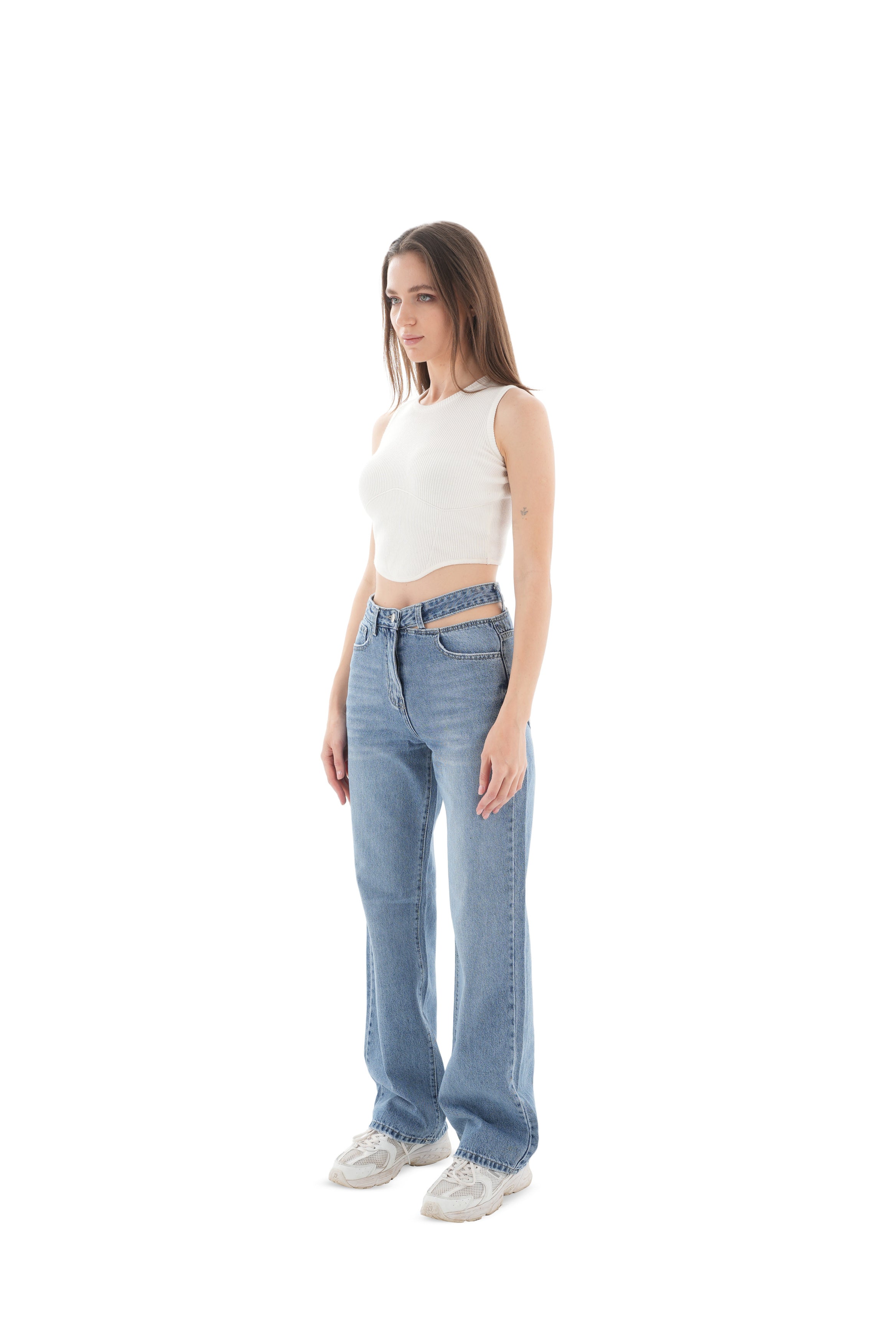 Double-Waist Medium Wash Straight Leg Jeans - Lioroucci