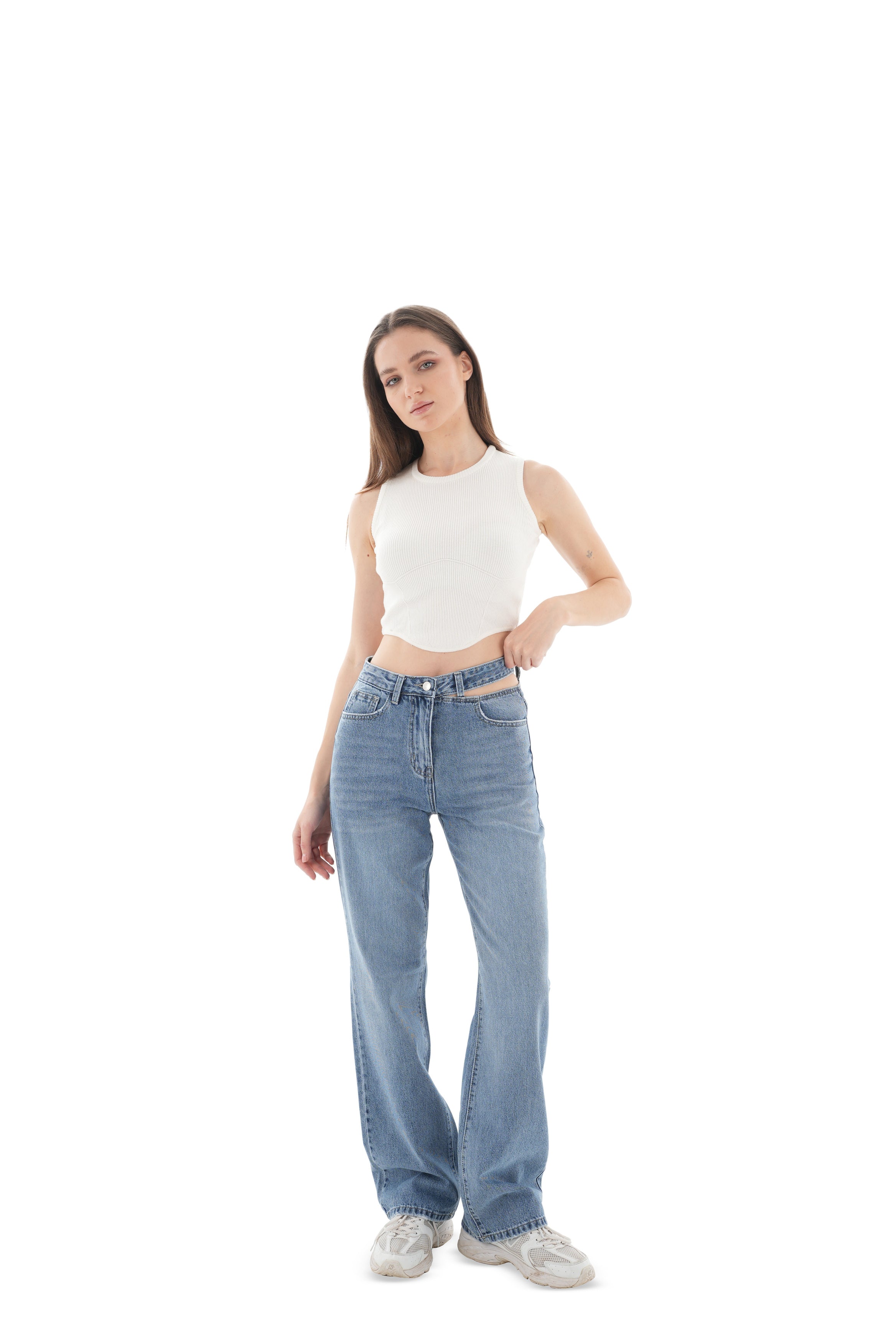 Double-Waist Medium Wash Straight Leg Jeans - Lioroucci