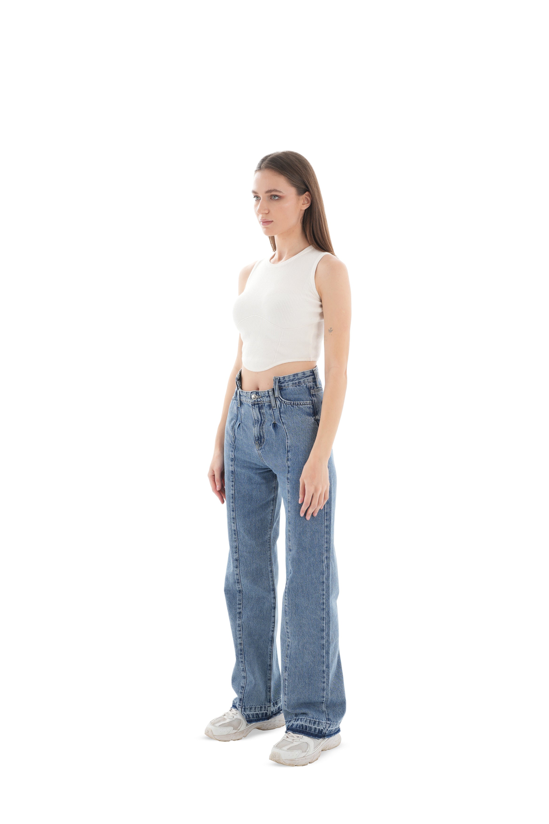 High-Waist Medium Wash Straight Leg Jeans - Lioroucci