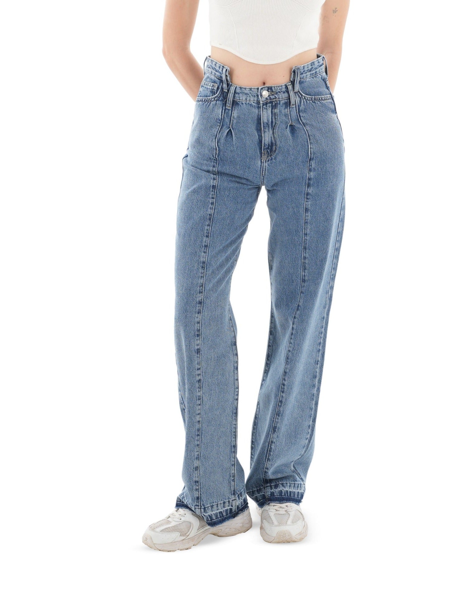 High-Waist Medium Wash Straight Leg Jeans - Lioroucci