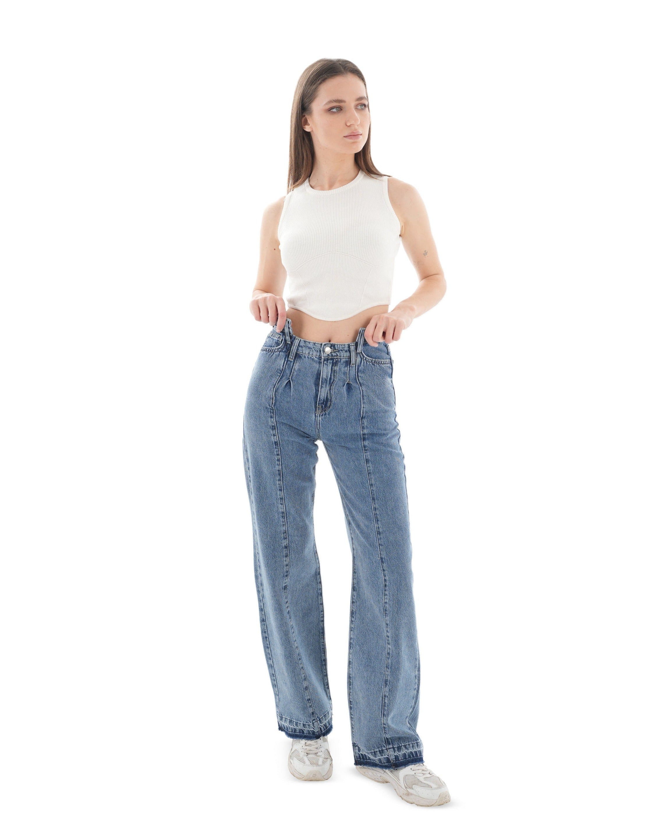 High-Waist Medium Wash Straight Leg Jeans - Lioroucci