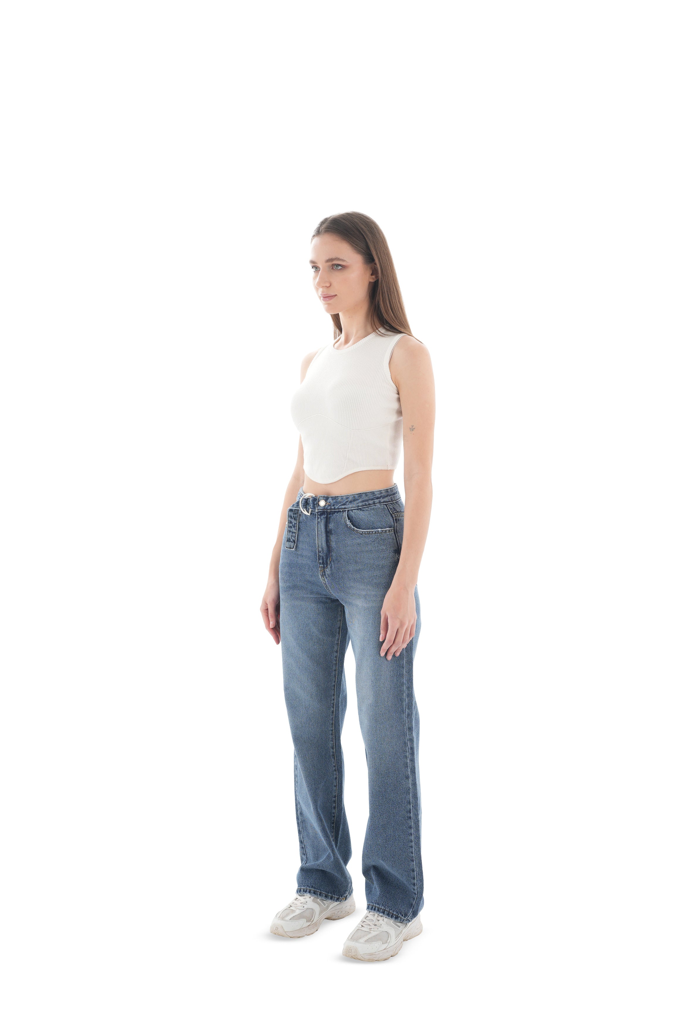 High-Waist Medium Wash Straight Leg Jeans - Lioroucci