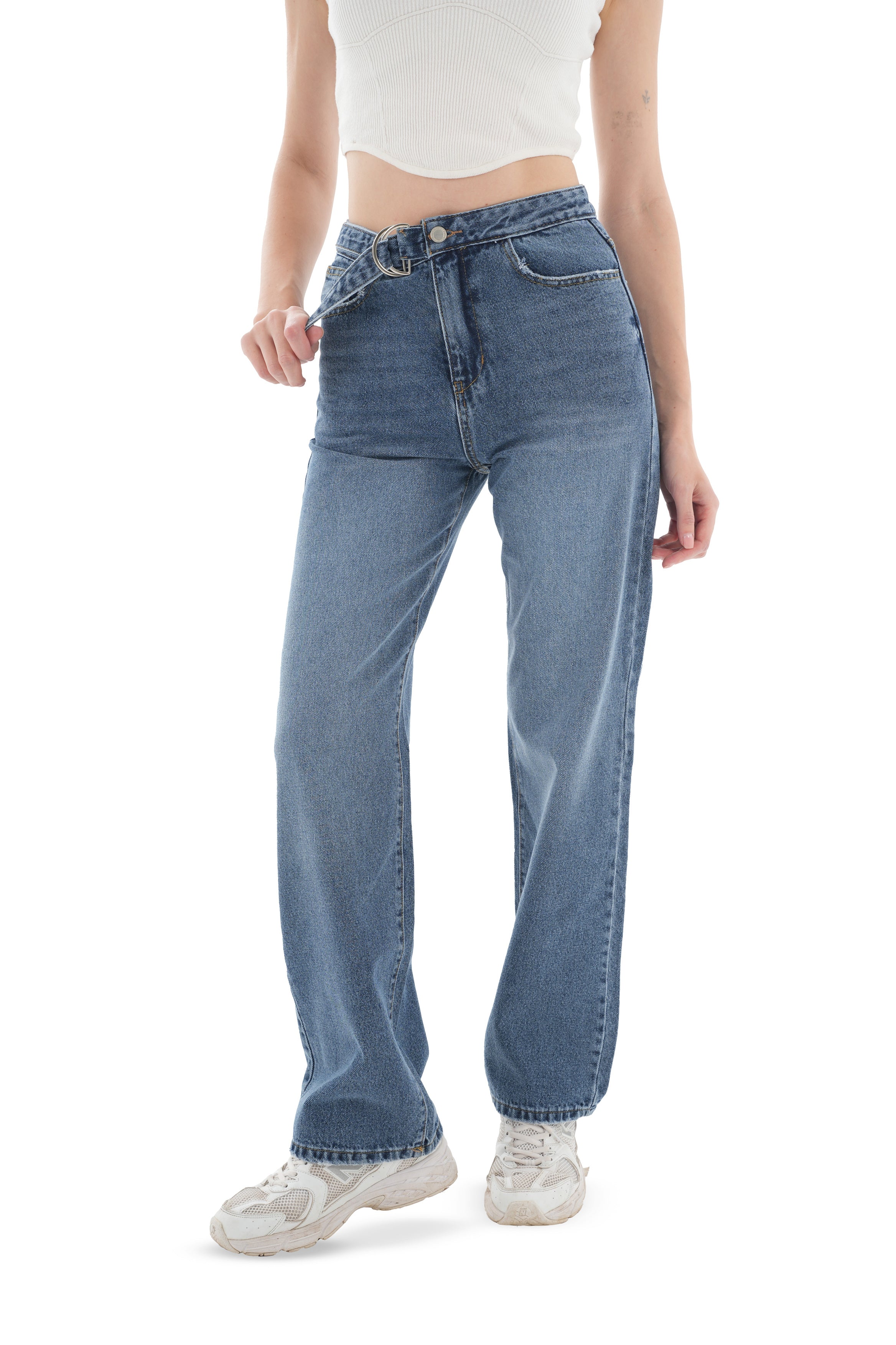 High-Waist Medium Wash Straight Leg Jeans - Lioroucci