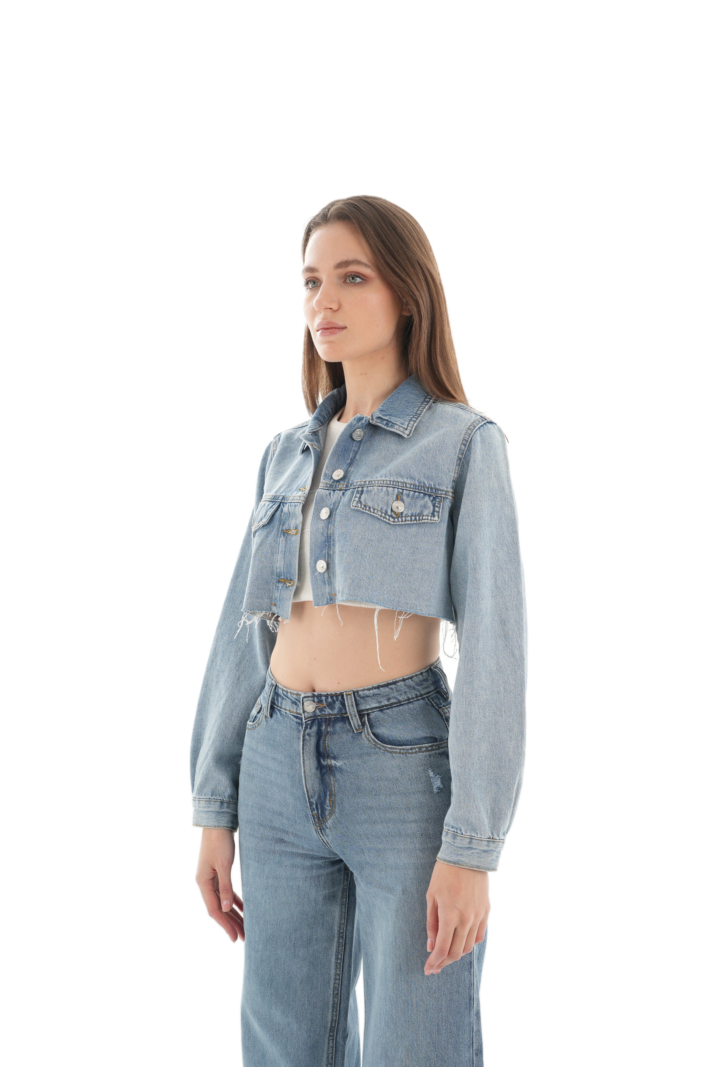 Cropped Medium Wash Denim Jacket - Lioroucci