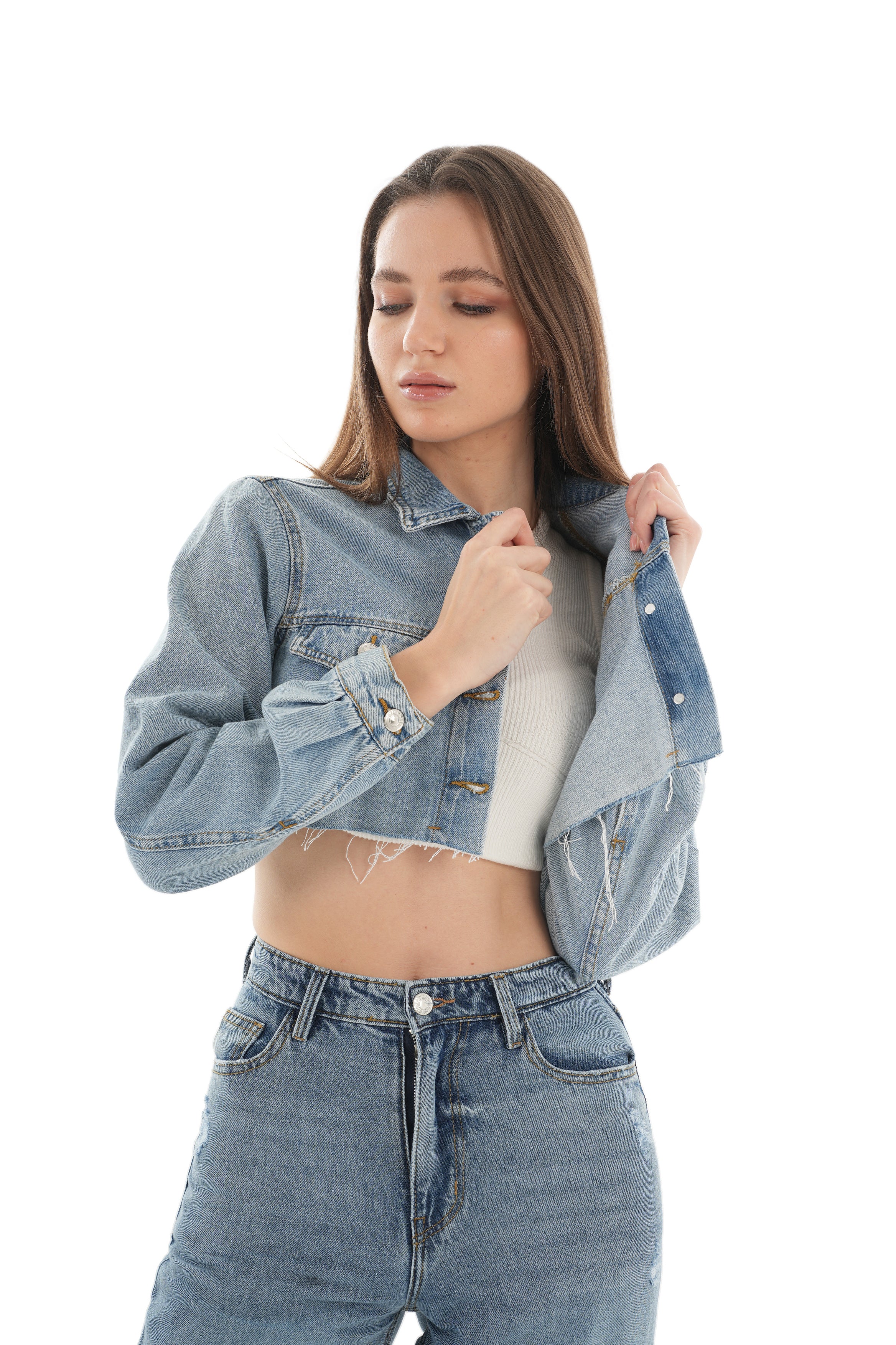 Cropped Medium Wash Denim Jacket - Lioroucci