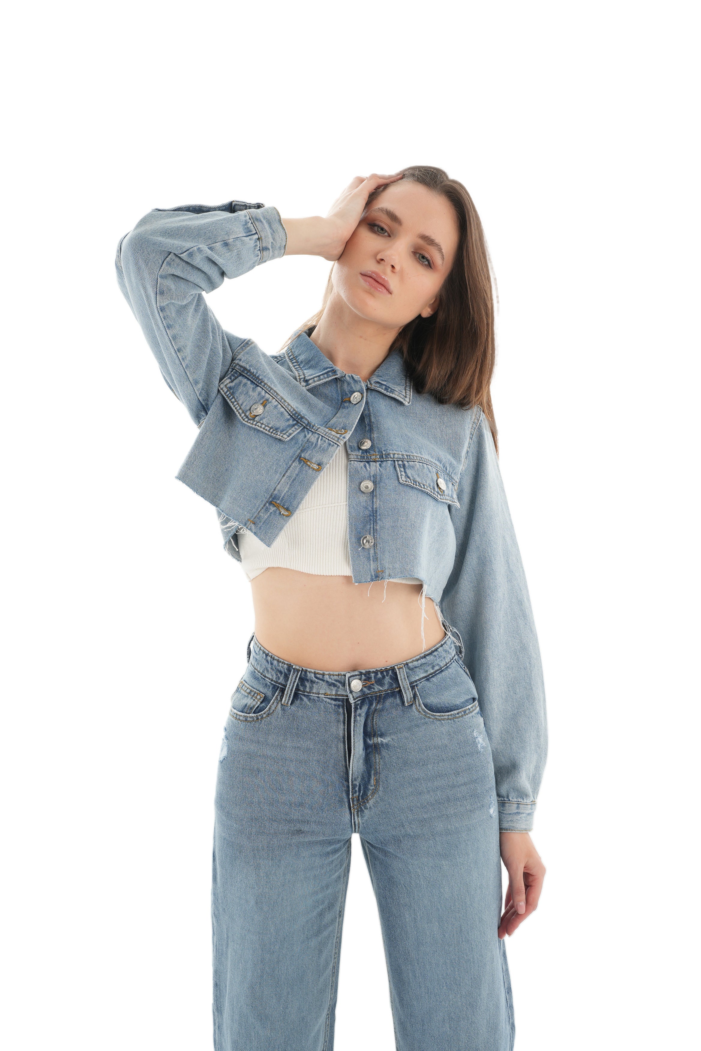 Cropped Medium Wash Denim Jacket - Lioroucci