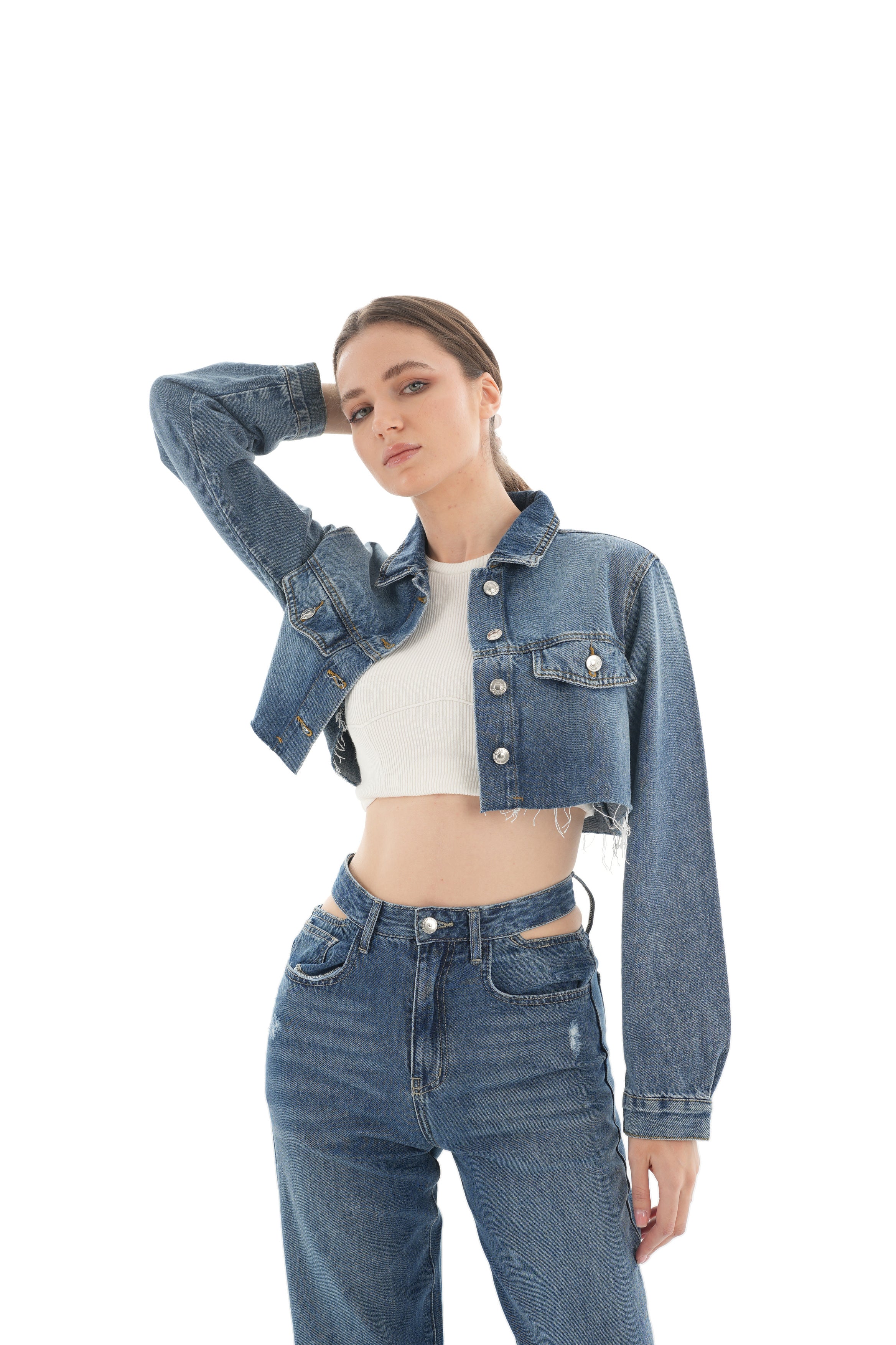 Cropped Dark Wash Denim Jacket - Lioroucci