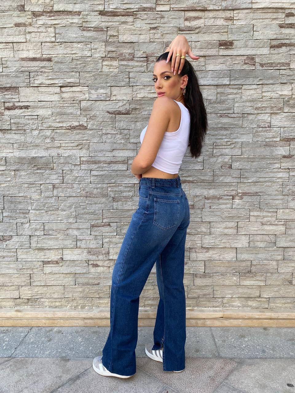 High-Waist Dark Wash Split Side Straight Leg Jeans