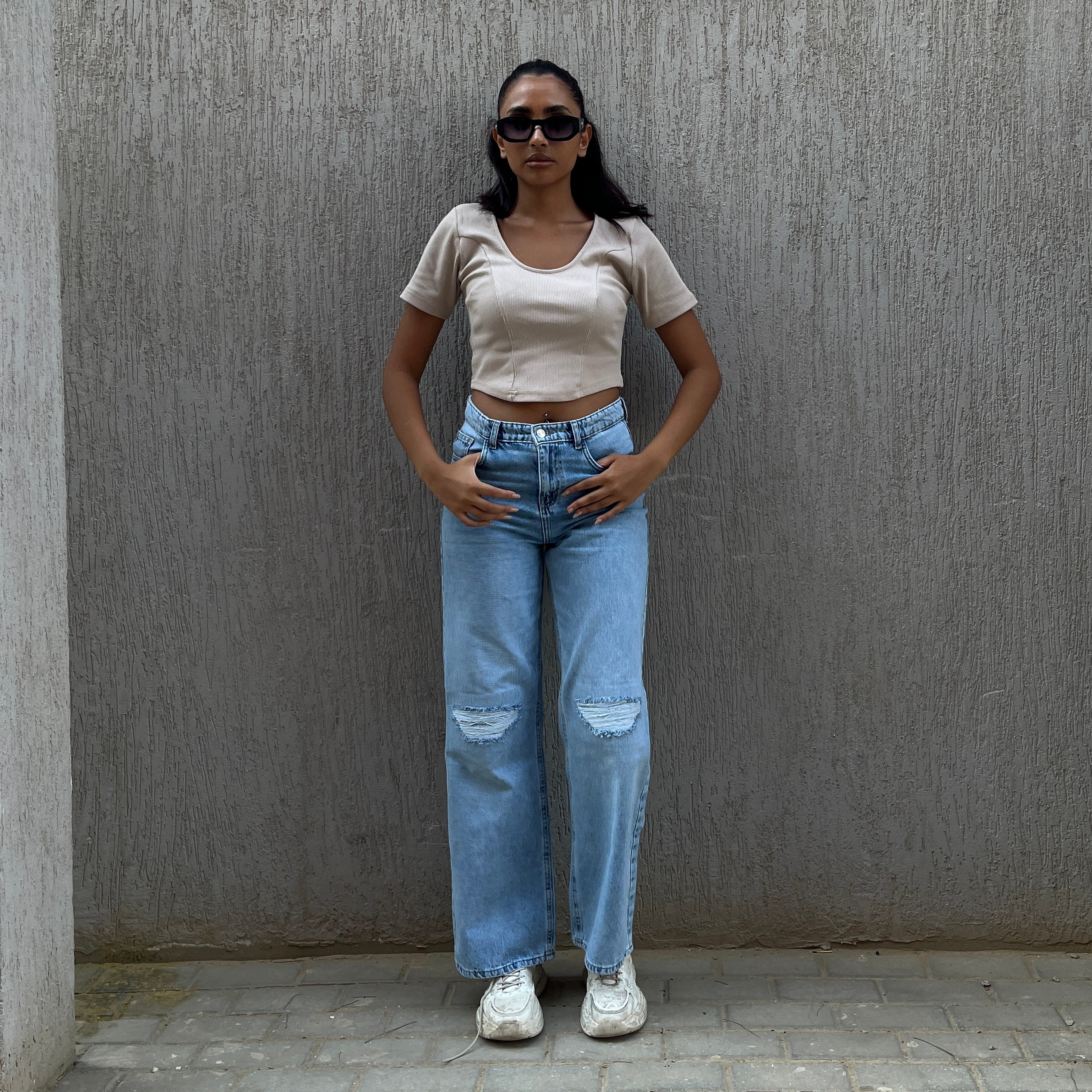 High-Waist Medium Wash Ripped Wide Leg Jeans