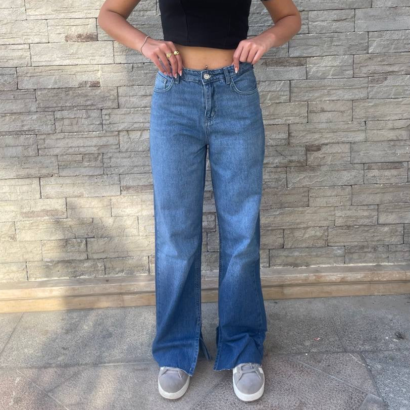 High-Waist Medium Wash Split Side Straight Leg Jeans