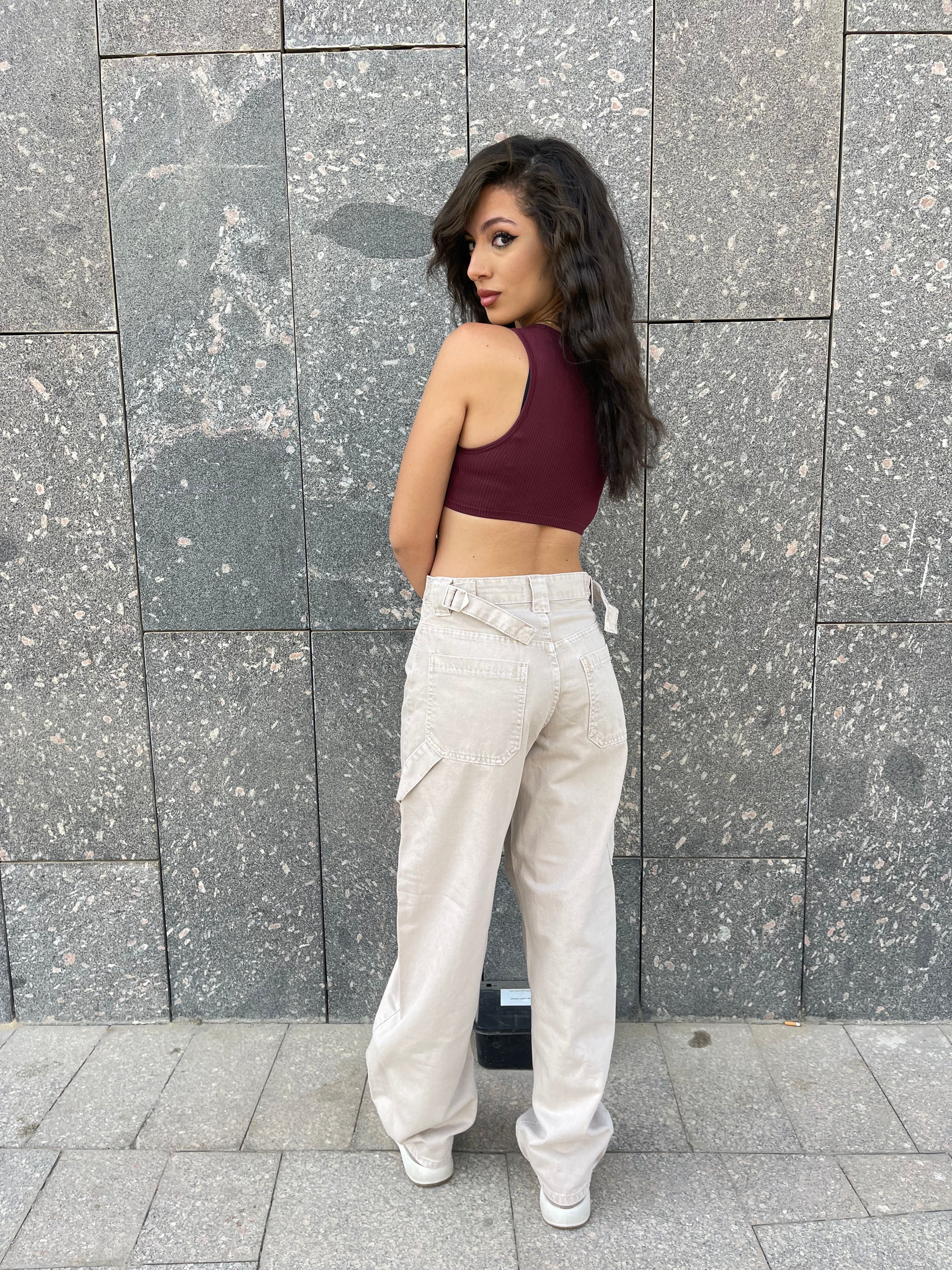 High-Waist Beige Skater Jeans