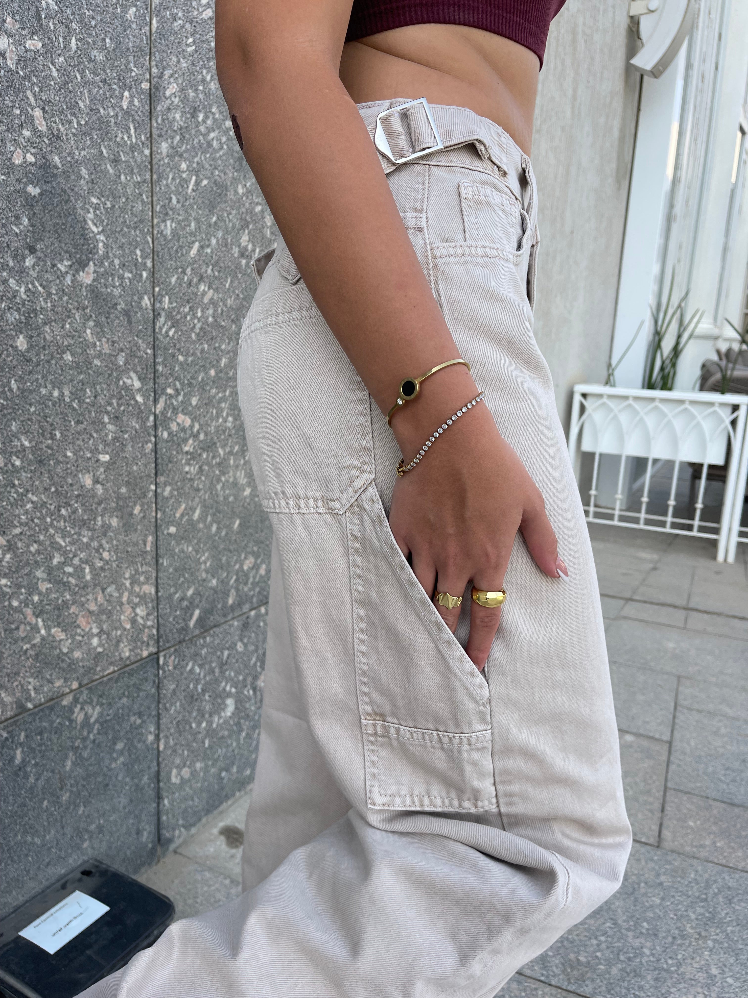 High-Waist Beige Skater Jeans