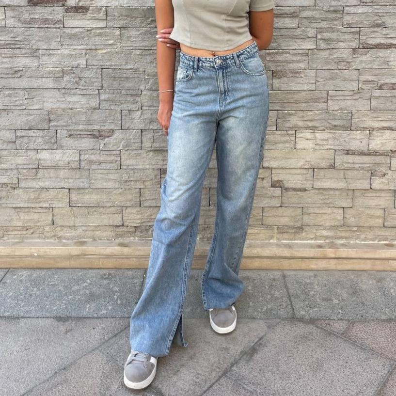 High-Waist Dirty Wash Split Side Straight Leg Jeans