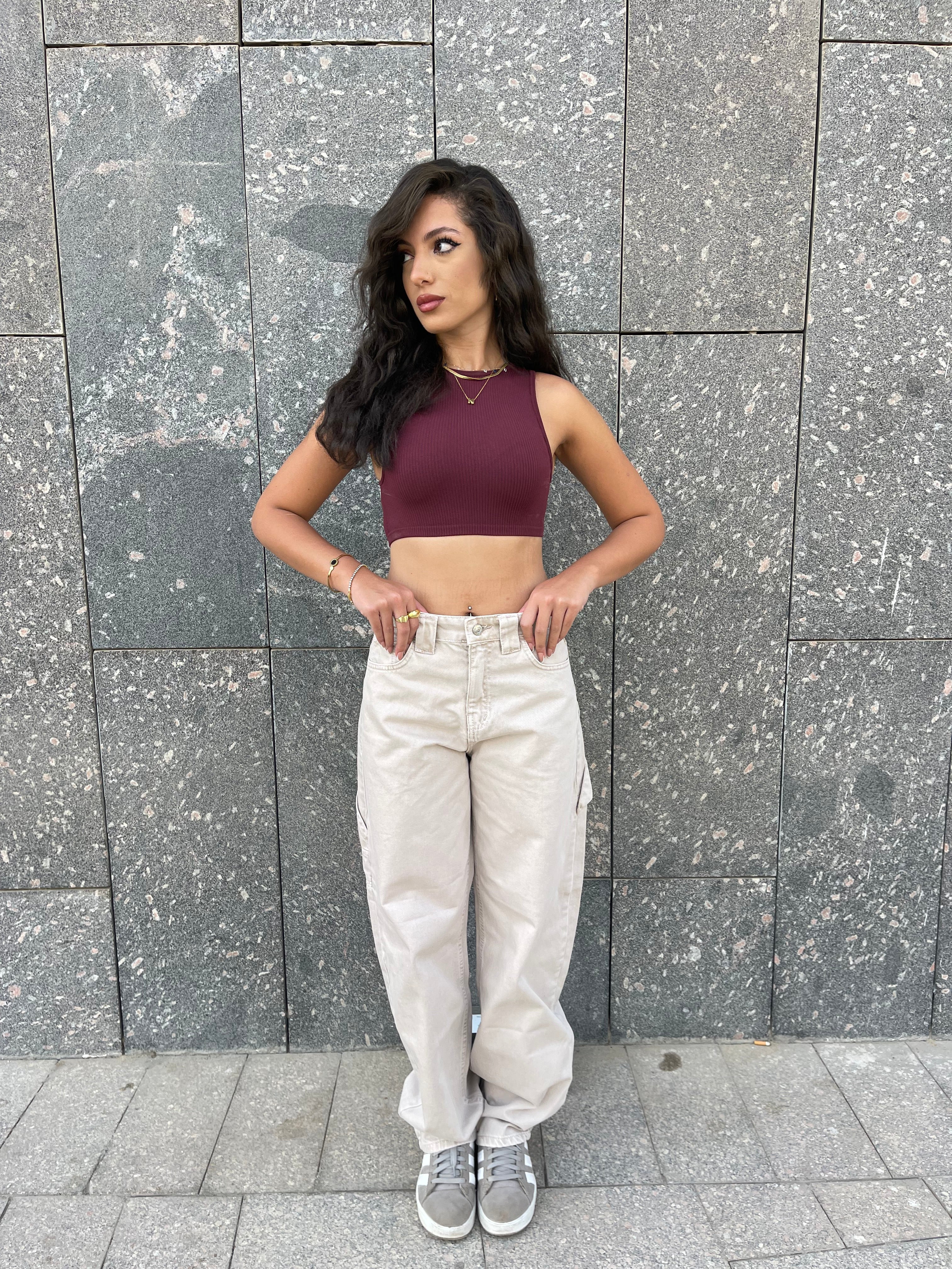 High-Waist Beige Skater Jeans