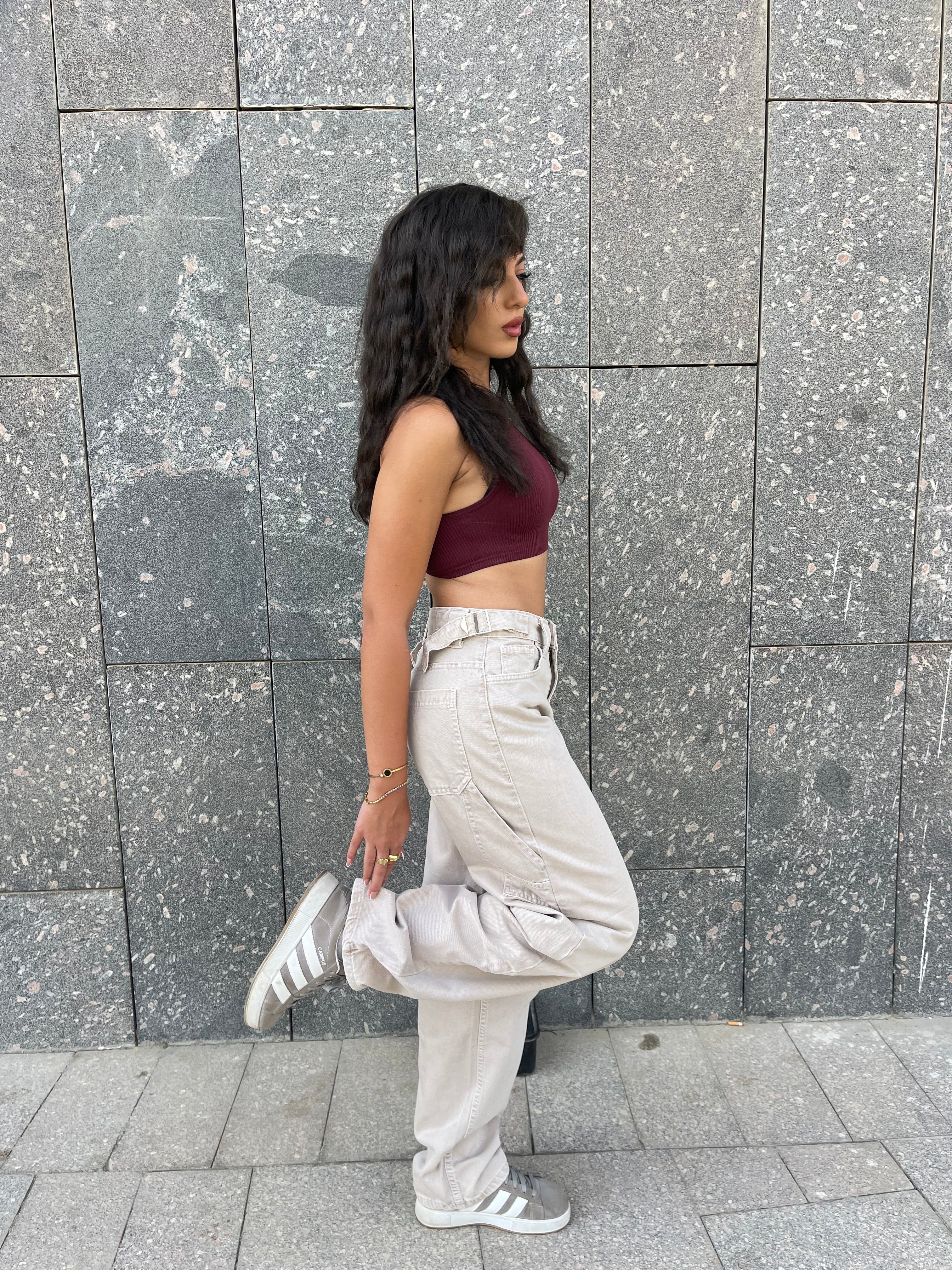 High-Waist Beige Skater Jeans