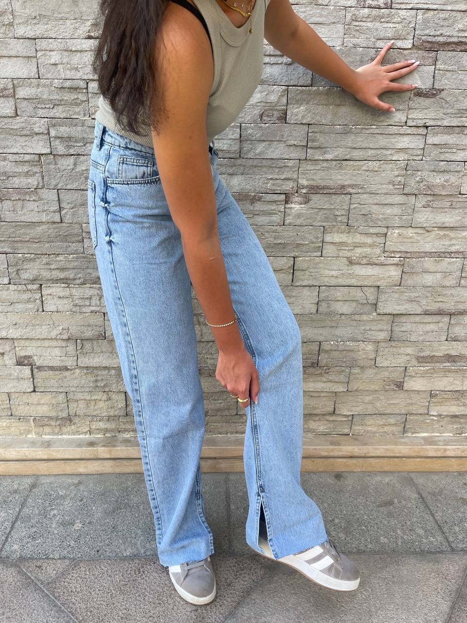 High-Waist Light Wash Split Side Straight Leg Jeans