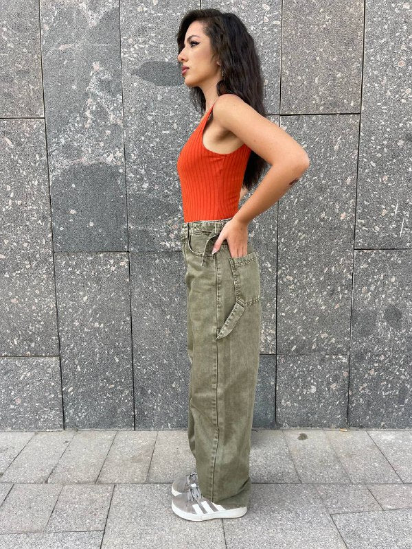 High-Waist Olive Skater Jeans