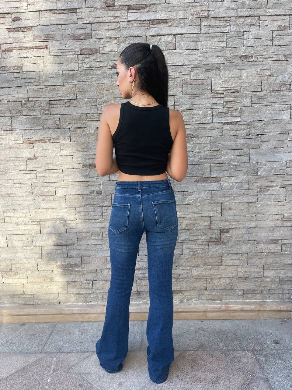 High-Waist Dark Blue Flare Jeans