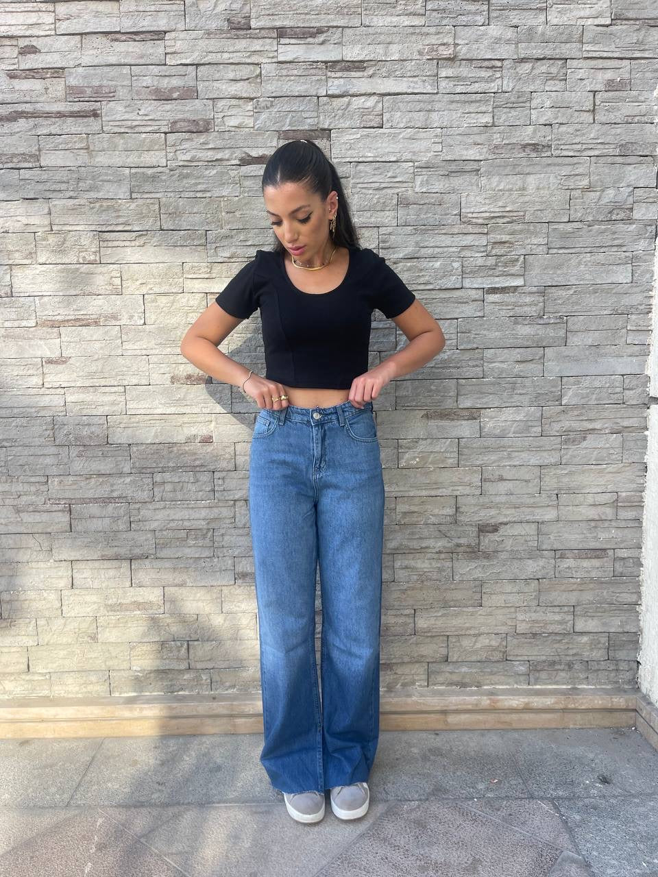 High-Waist Medium Wash Split Side Straight Leg Jeans