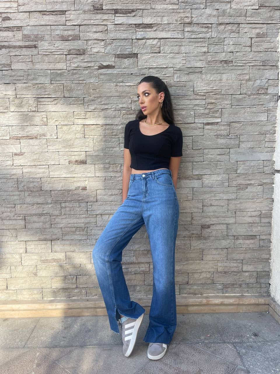 High-Waist Medium Wash Split Side Straight Leg Jeans