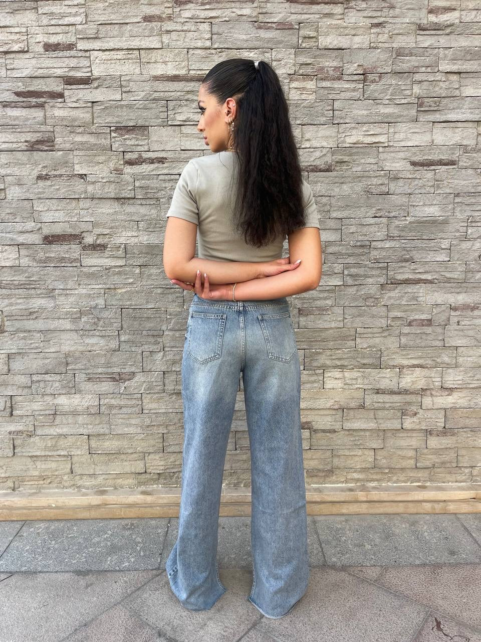 High-Waist Dirty Wash Split Side Straight Leg Jeans