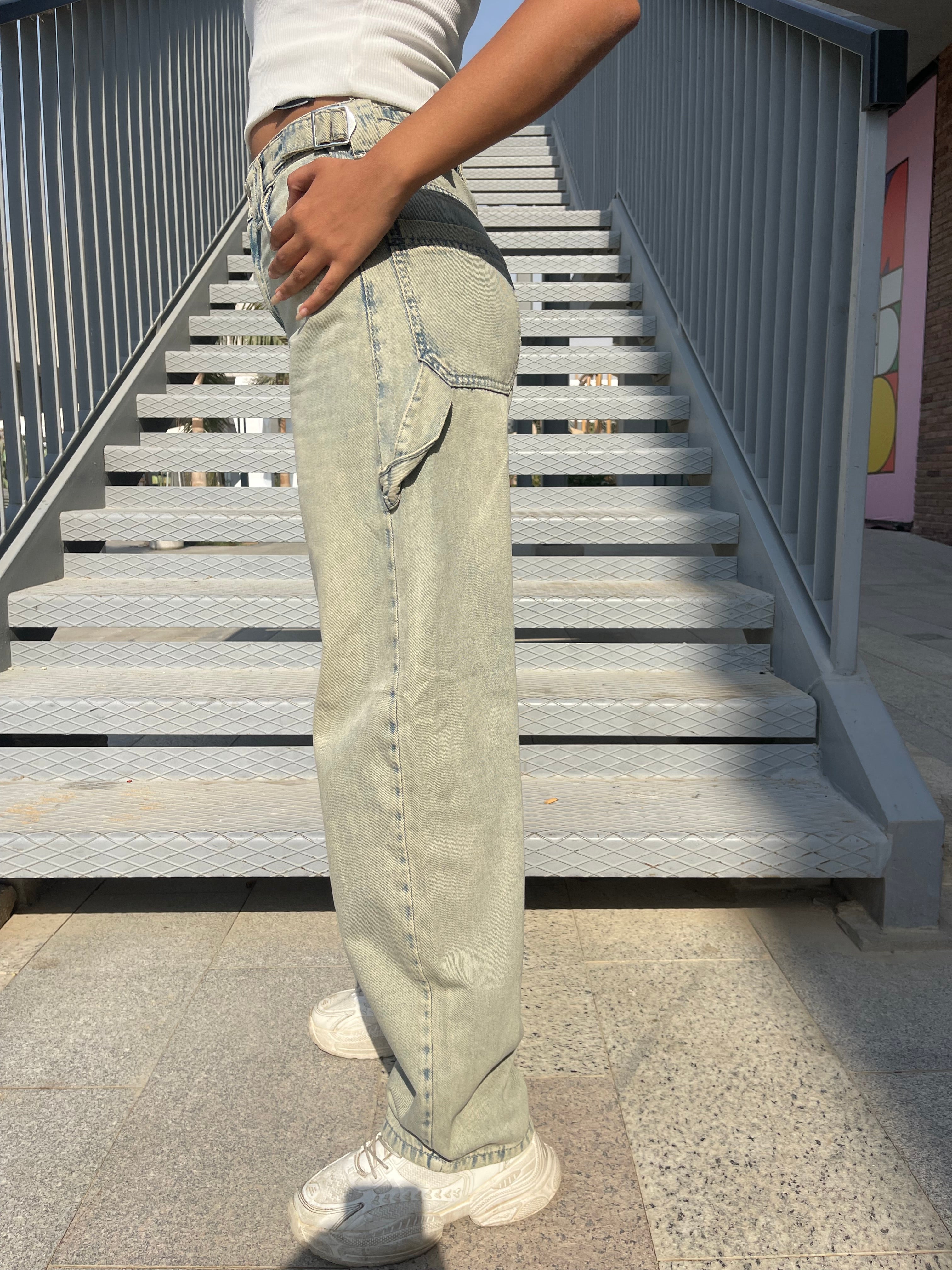 High-Waist Acid Wash Skater Jeans